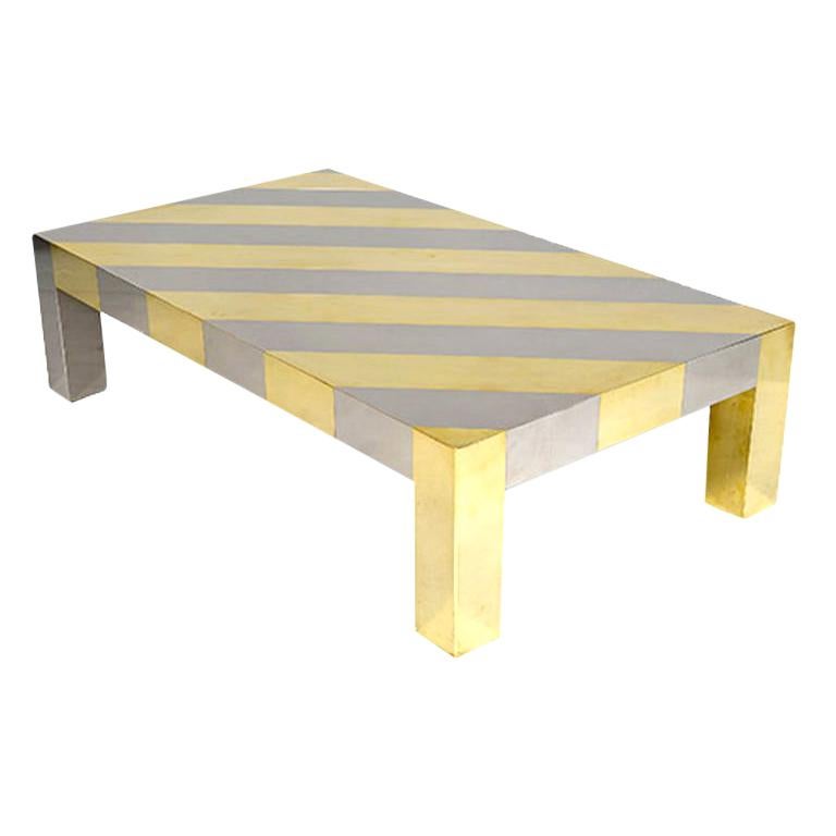 Diagonal Striped Chrome and Brass Centre Table For Sale