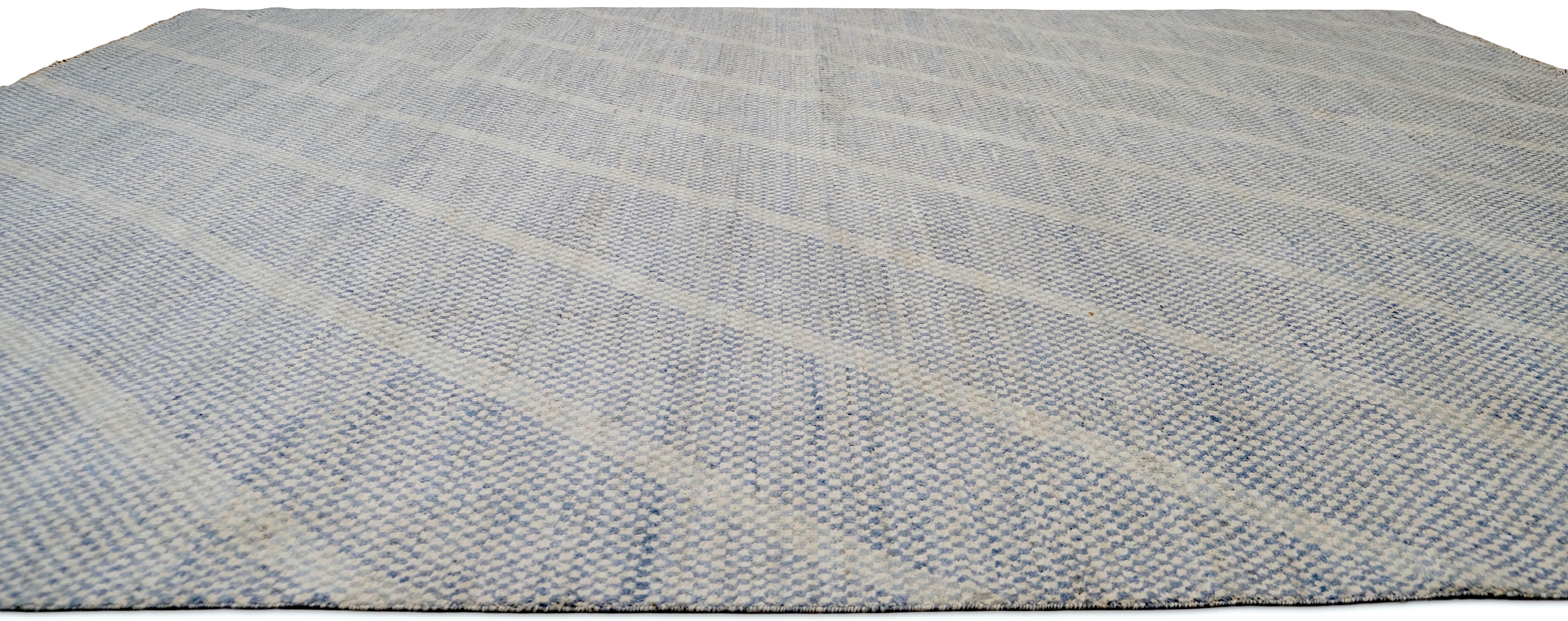 Pakistani Diagonal Stripped Blue and White Wool Rug 9'x12' For Sale