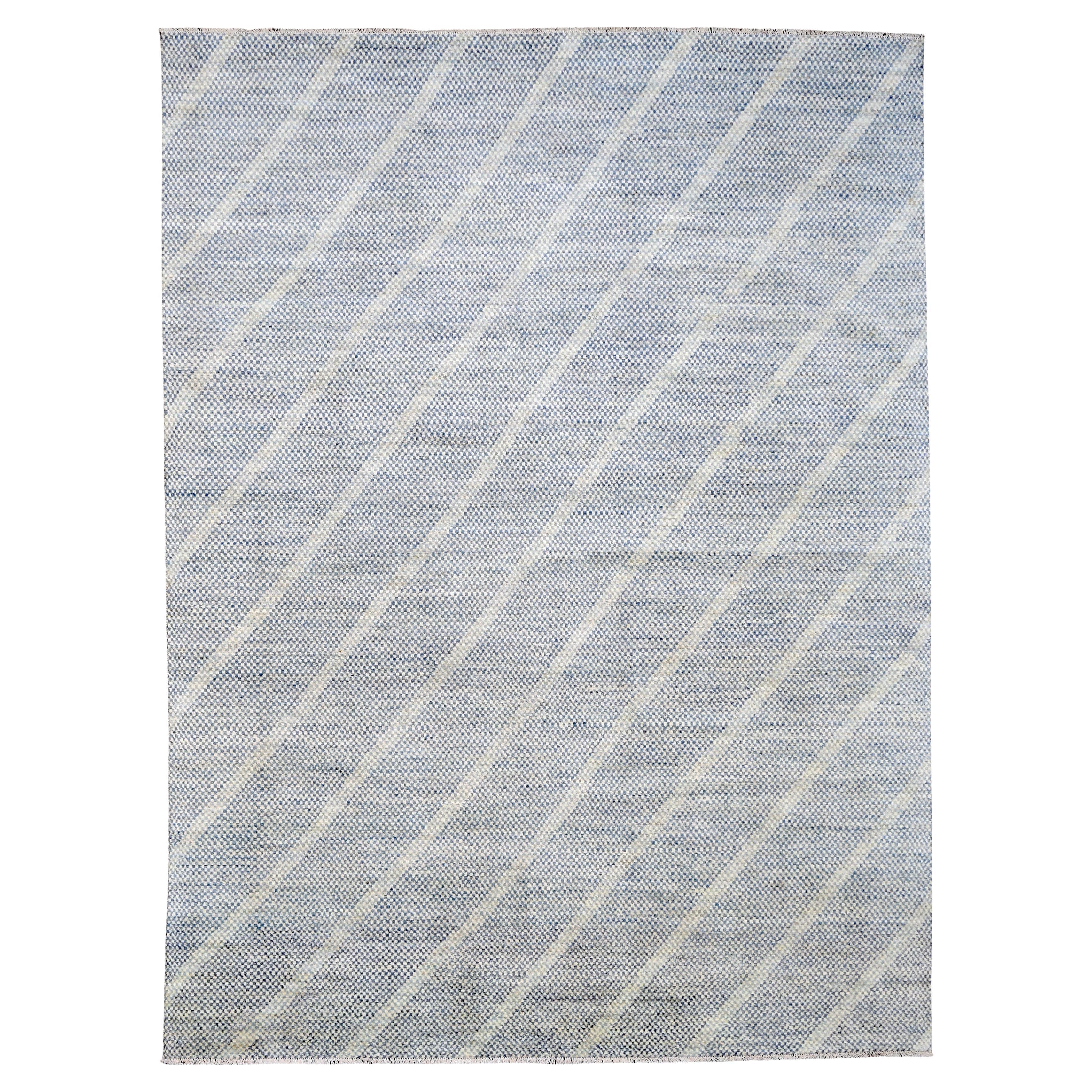 Diagonal Stripped Blue and White Wool Rug 9'x12' For Sale