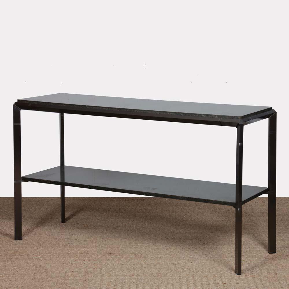 The Diagonos series designed by Philippe Parent was launched in 1977. The structure of this console is in steel with a gunmetal finish. It features two marble tops. This piece is in good original condition.