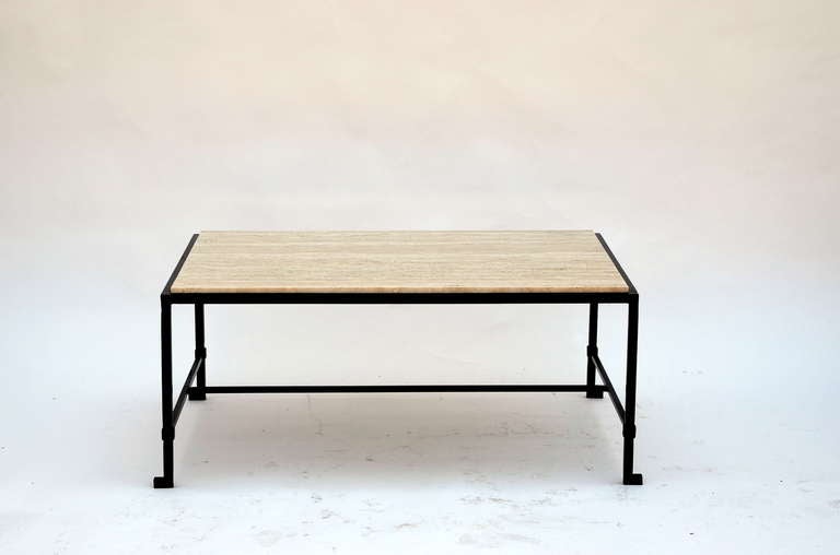 Neoclassical 'Diagramme' Travertine and Wrought Iron Coffee Table by Design Frères For Sale