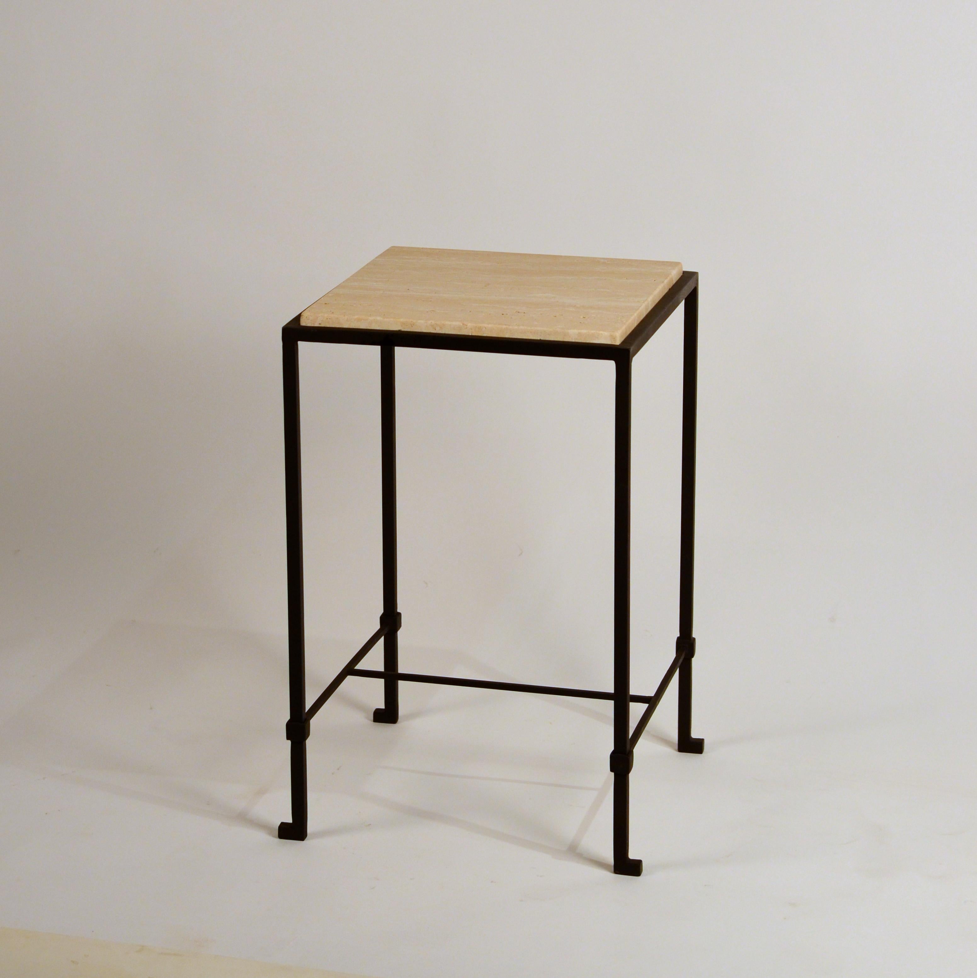 'Diagramme' wrought iron and honed travertine drinks table by Design Frères. Classic, understated design.