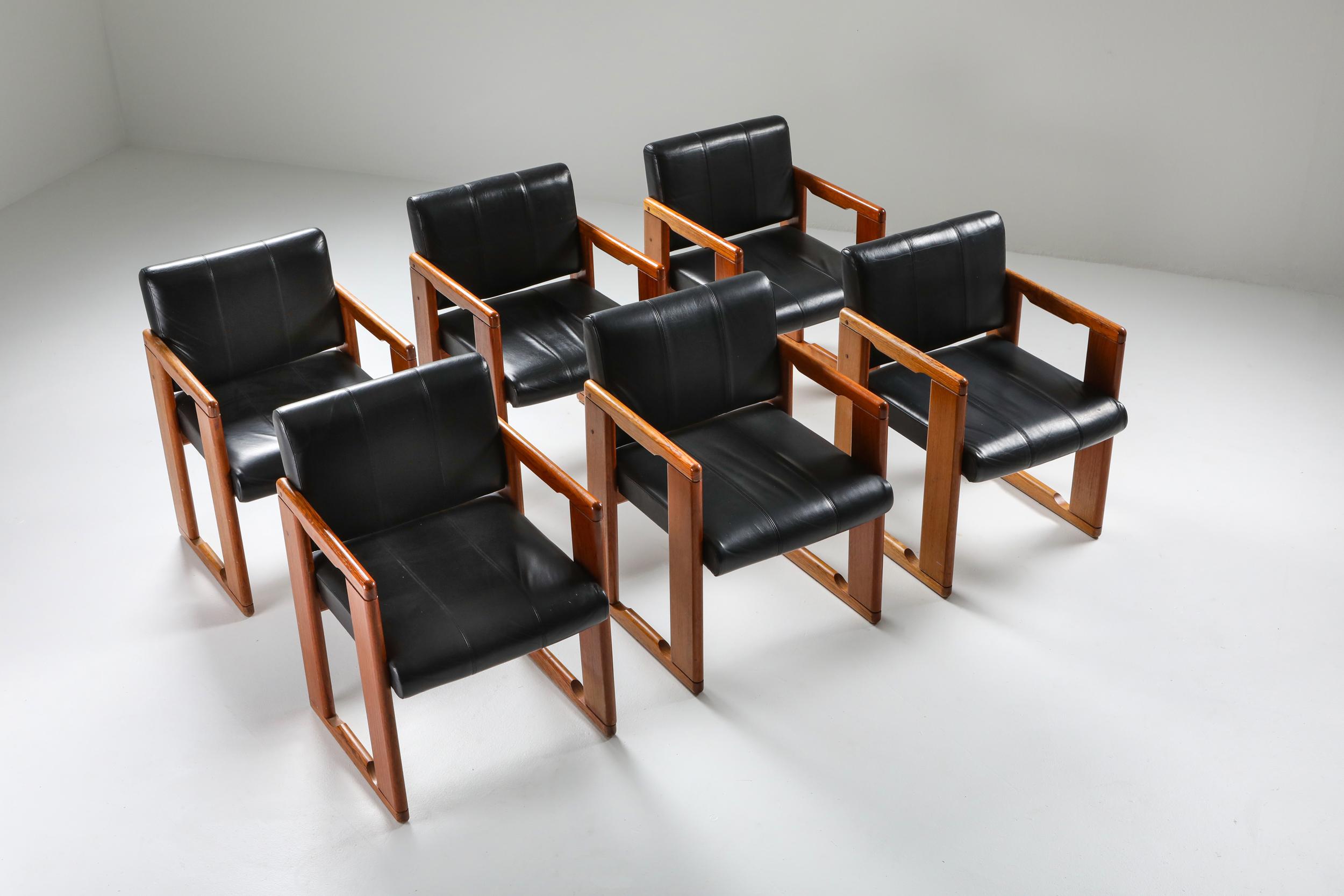 Afra e Tobia Scarpa, black leather ‘dialogo’ chairs, B&B Italia, Italy 1974
Gorgeous combination of a walnut frame with black original leather seating.
We do have an expert in house upholstery in case you prefer another type of fabric.

Afra