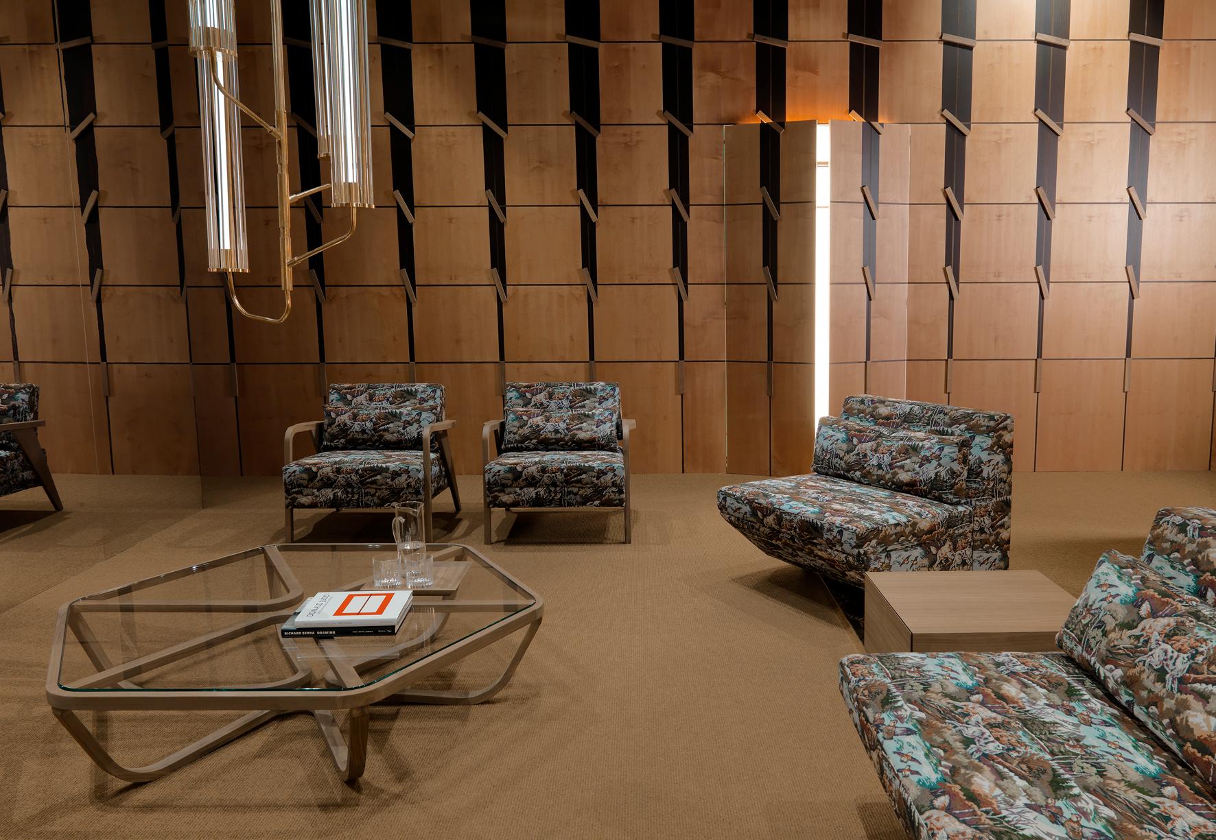 Canapé modulaire DIALOGO, sièges pivotants, table en bois et base en laiton par Storagemilano Neuf - En vente à Lentate sul Seveso, Monza e Brianza