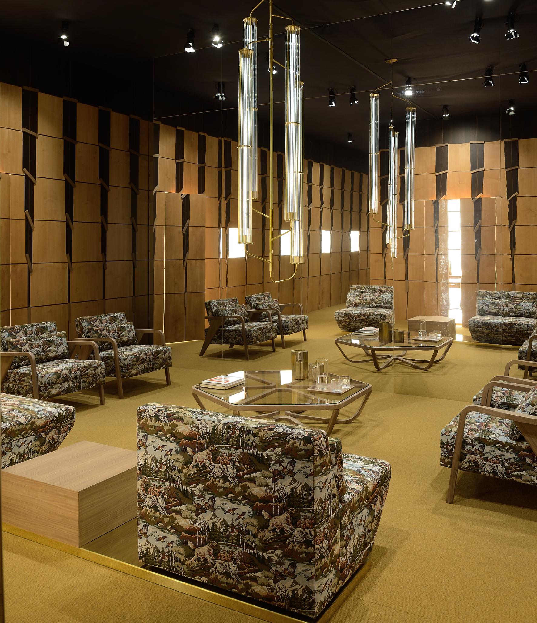 XXIe siècle et contemporain Canapé modulaire DIALOGO, sièges pivotants, table en bois et base en laiton par Storagemilano en vente