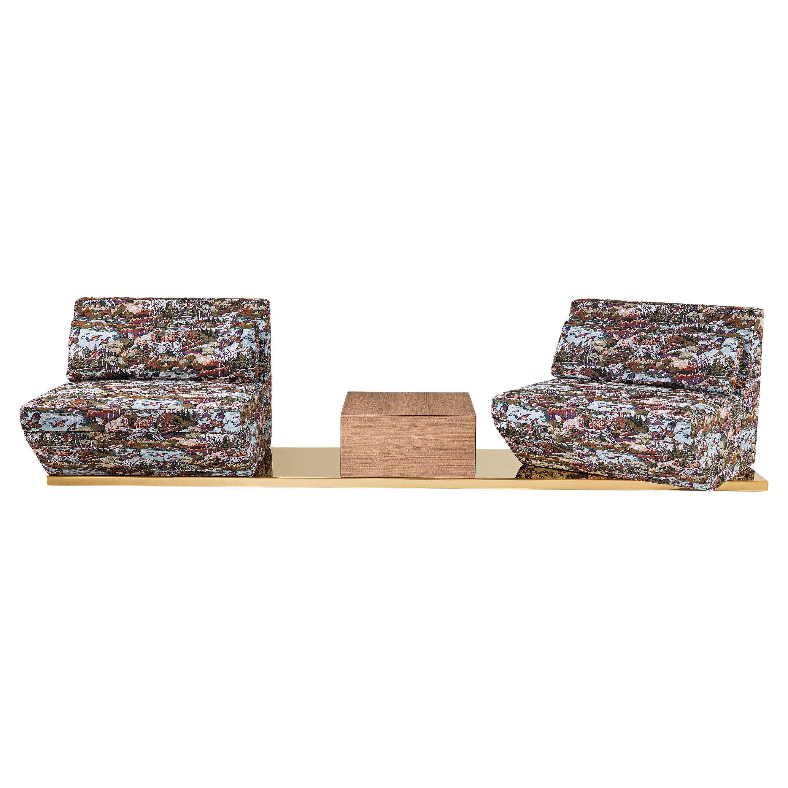 Canapé modulaire DIALOGO, sièges pivotants, table en bois et base en laiton par Storagemilano en vente