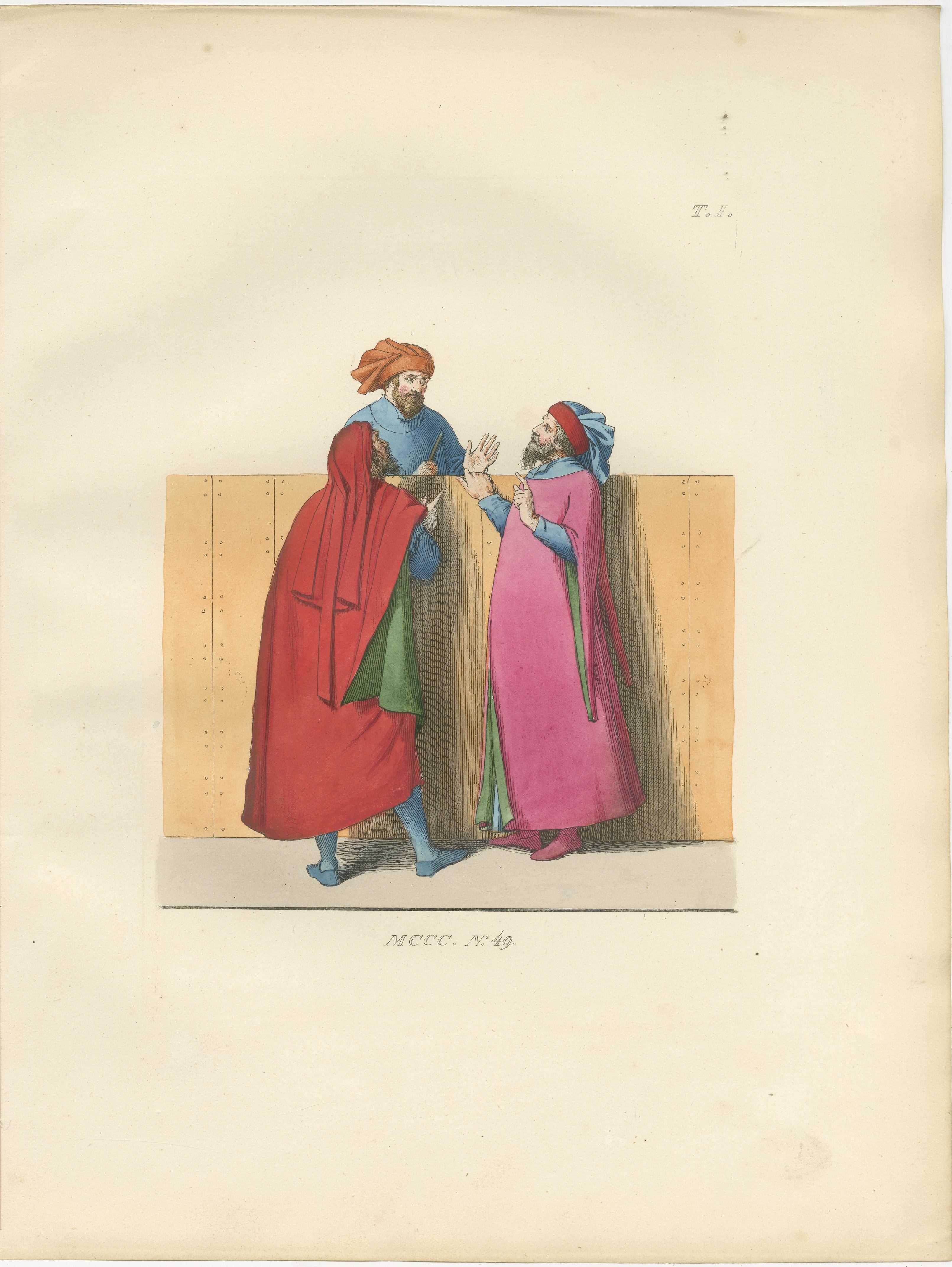 Dialogue, Diplomacy and Divine Right: Medieval Italian Costume Scenes

Italian Medieval Artisans, Merchants and the Regal Doge of Venice - Published in 1845

This cohesive trio of hand-colored lithographic prints vividly illustrates three distinct