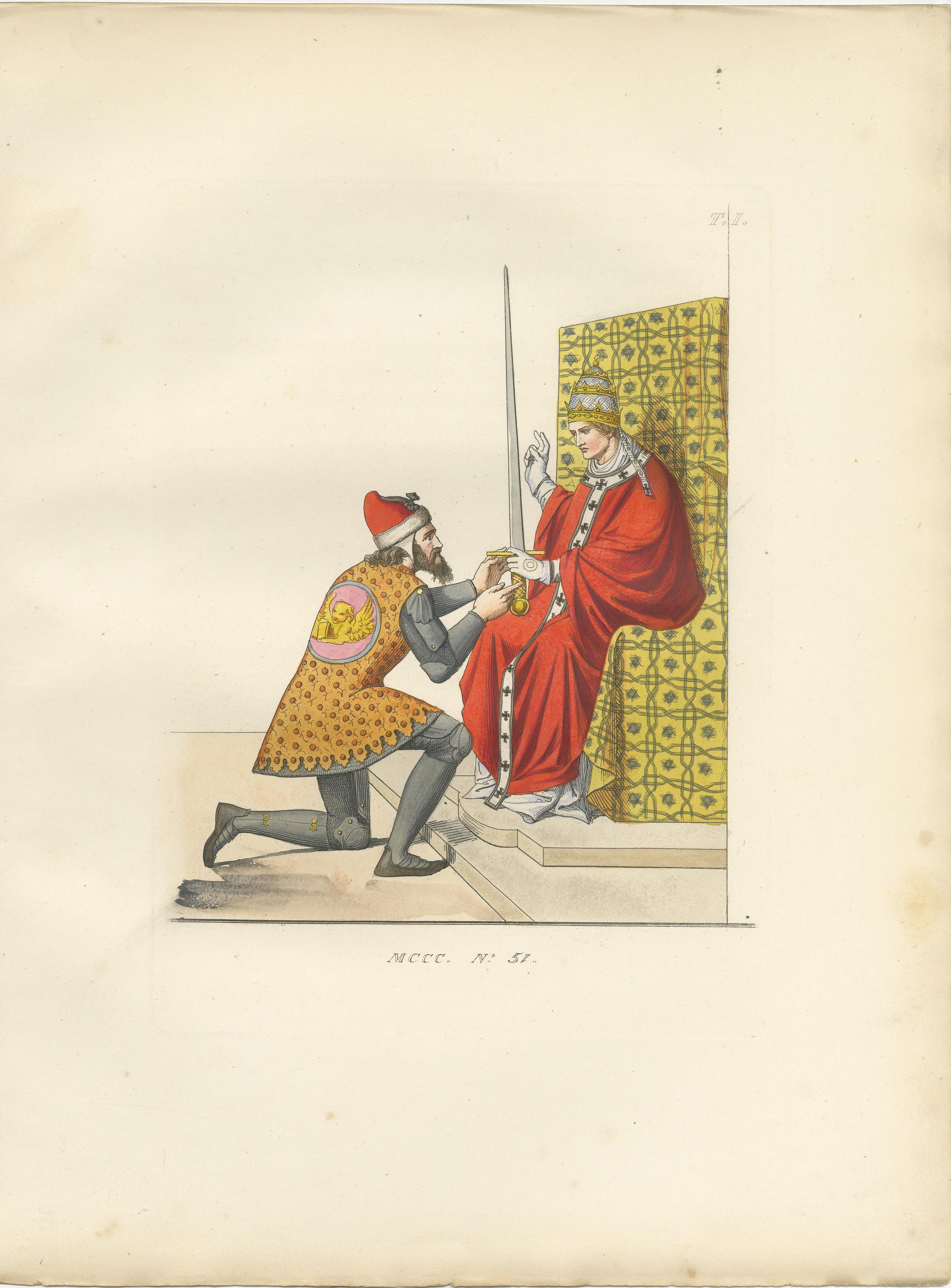Engraved Dialogue, Diplomacy and Divine Right: Medieval Italian Costume Scenes, 1845 For Sale