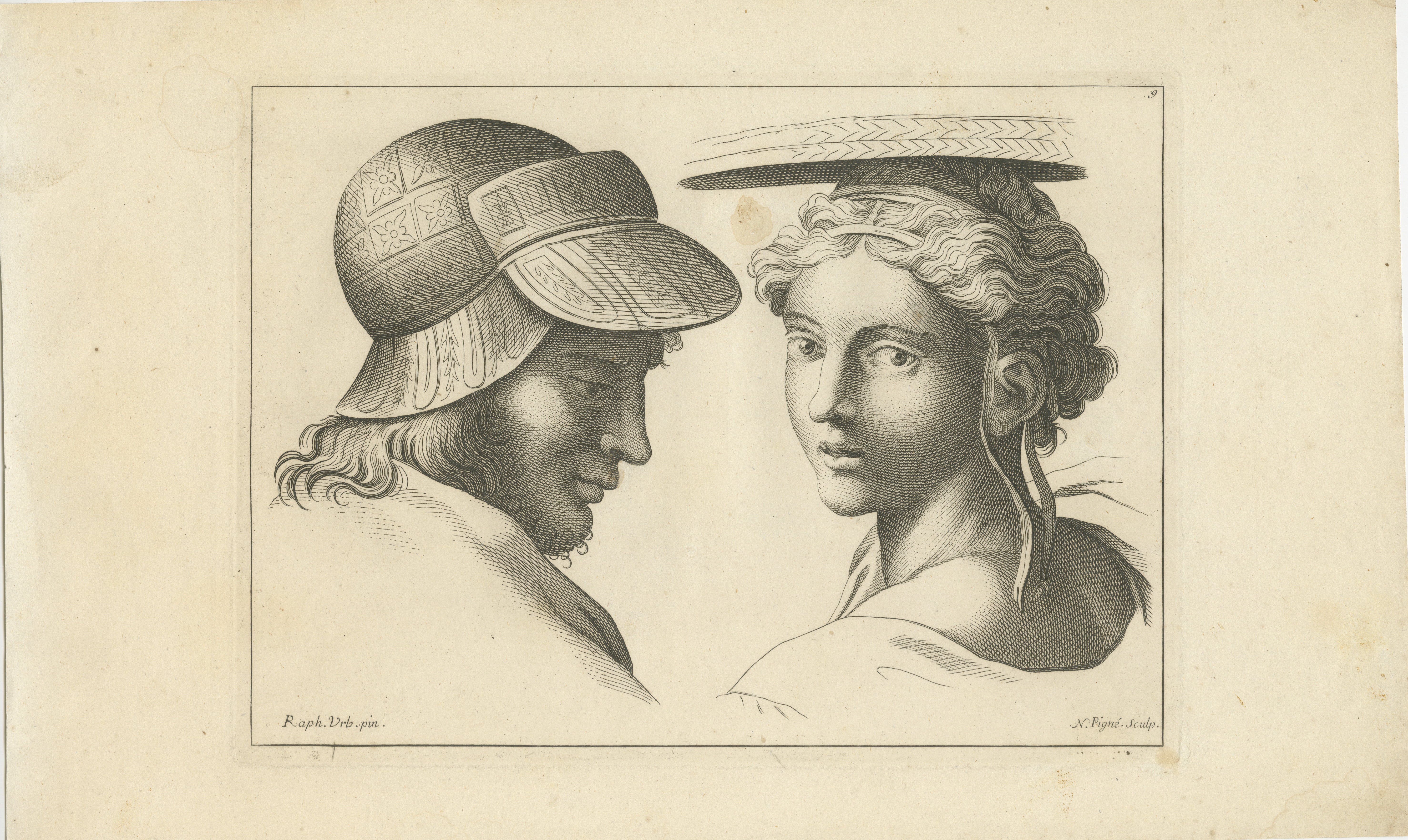 This engraving depicts two contrasting profiles. On the left is a male figure adorned with a detailed, patterned cap, his features marked by a hooked nose and a small, tightly curled beard. He appears to be in mid-conversation, his mouth slightly