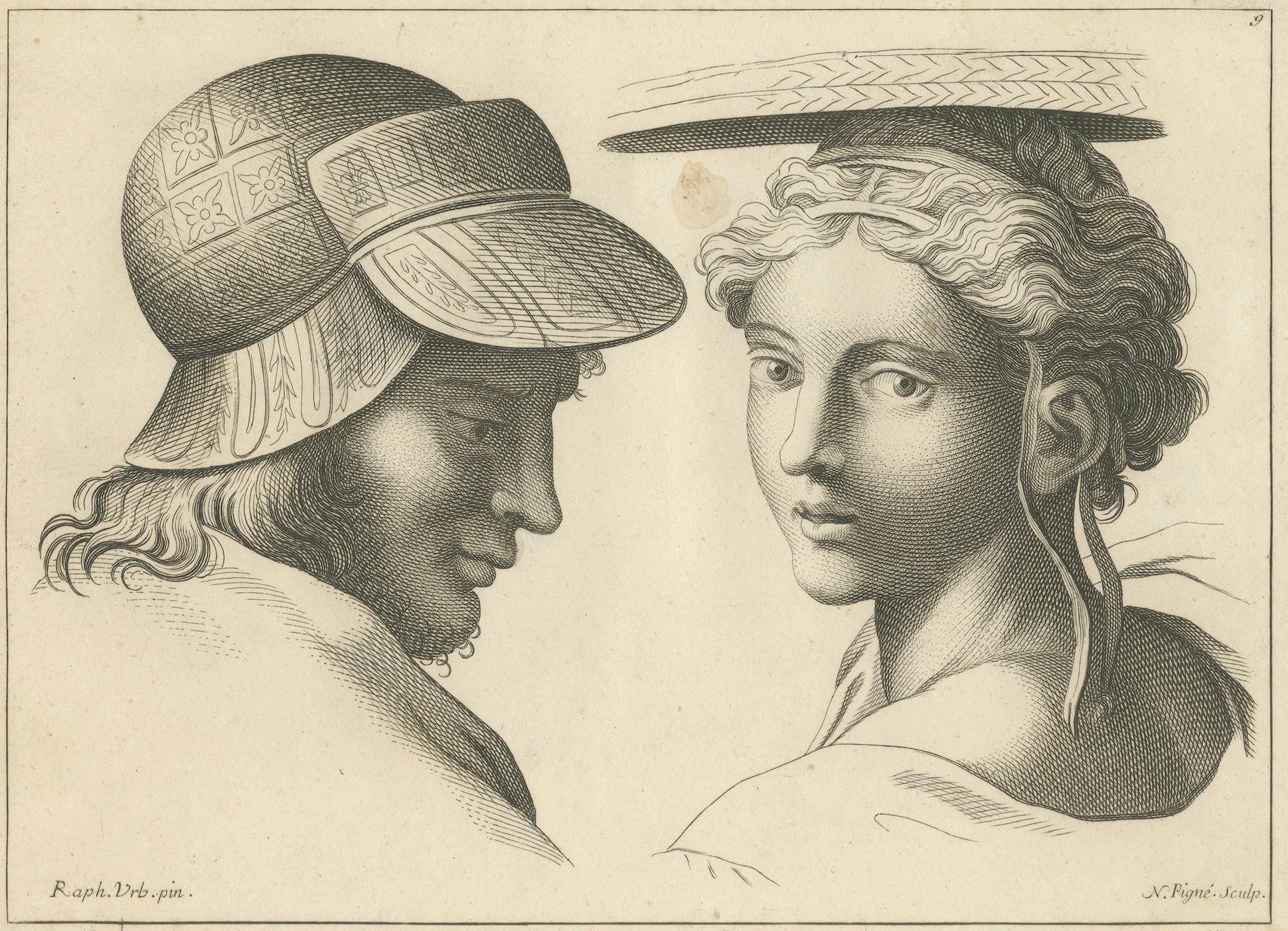 Mid-18th Century Dialogue of Eras: Cap and Feather in Profile by Pigné, 1740 For Sale