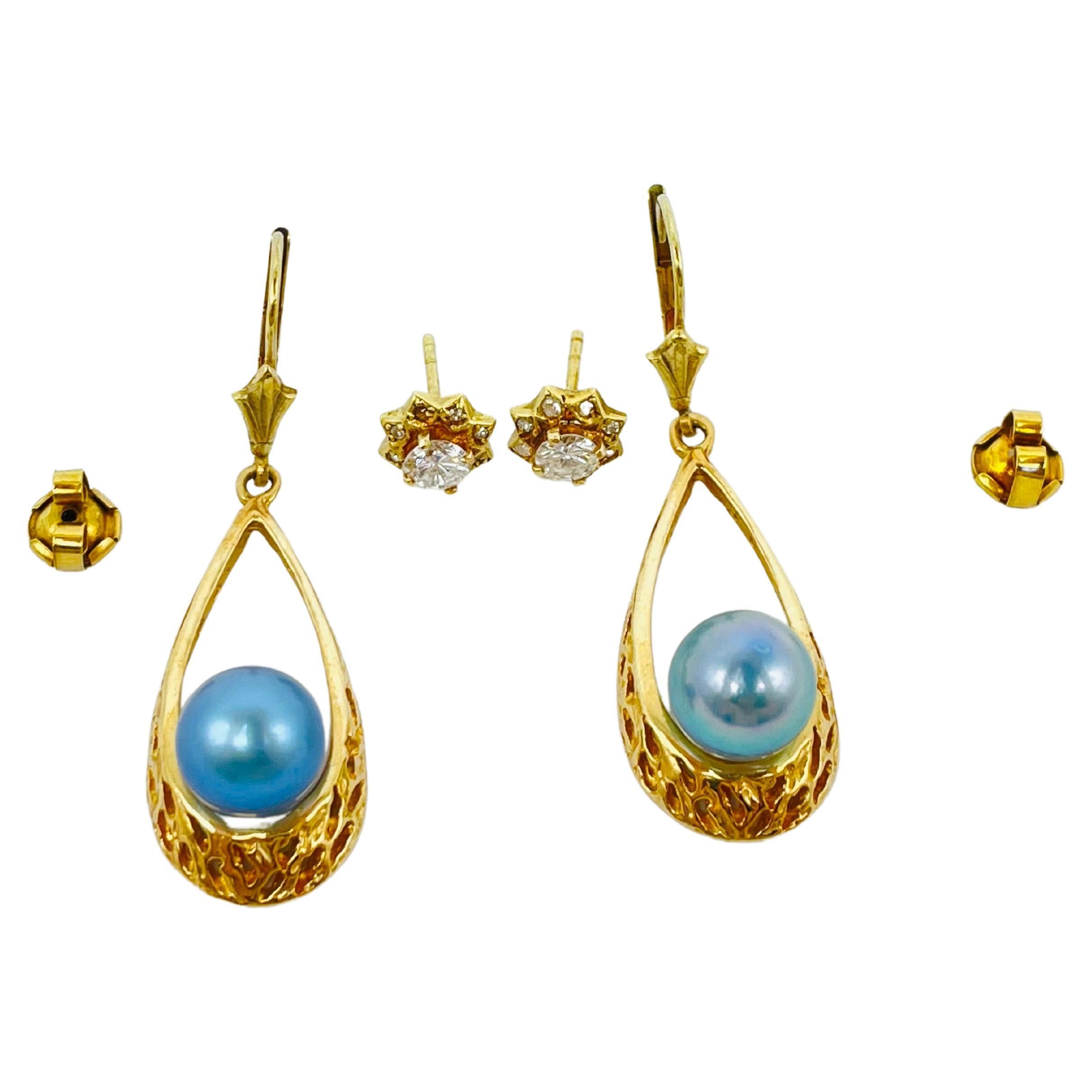 Orecchini con diamante e perla blu in oro 14k in vendita 4