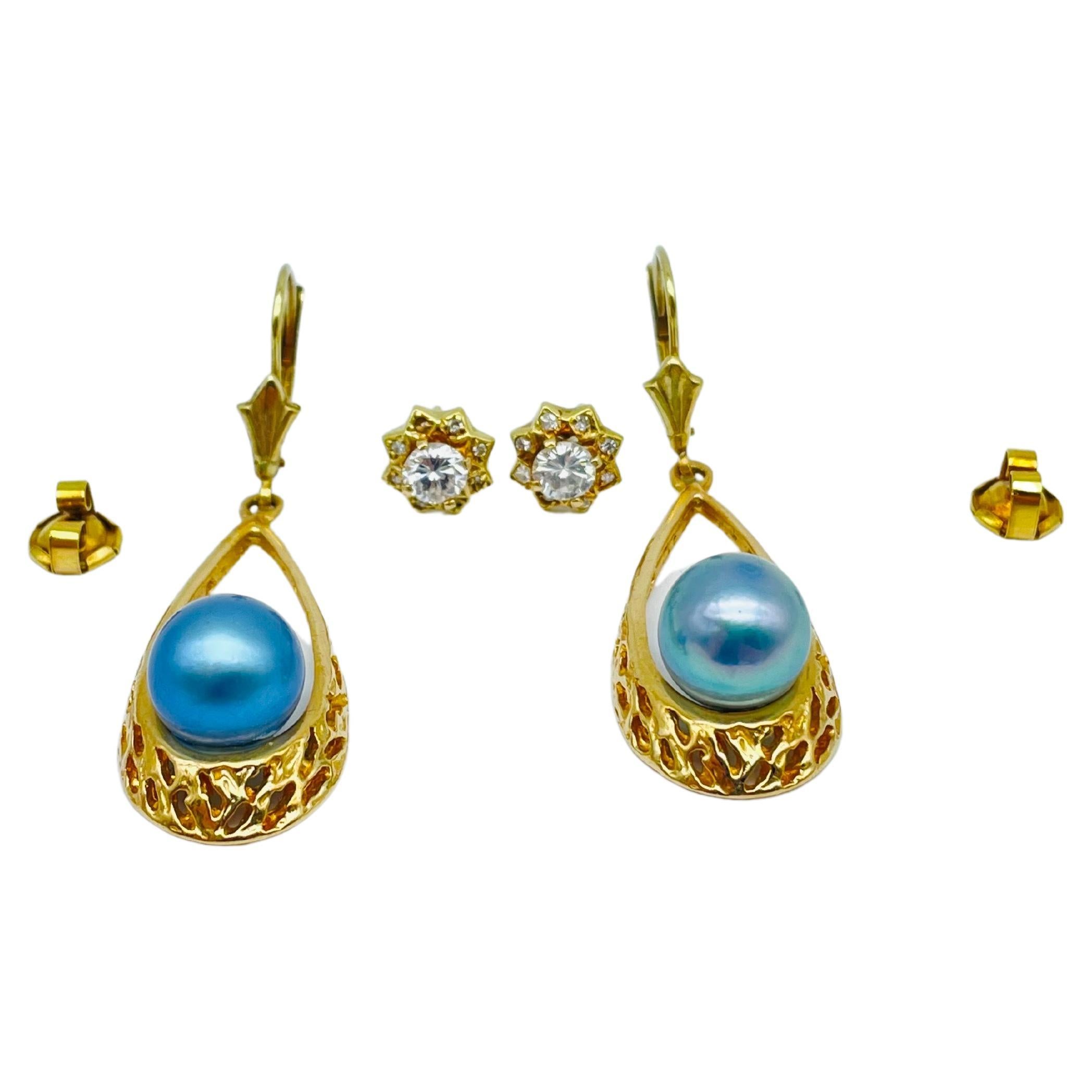 Orecchini con diamante e perla blu in oro 14k in vendita 5
