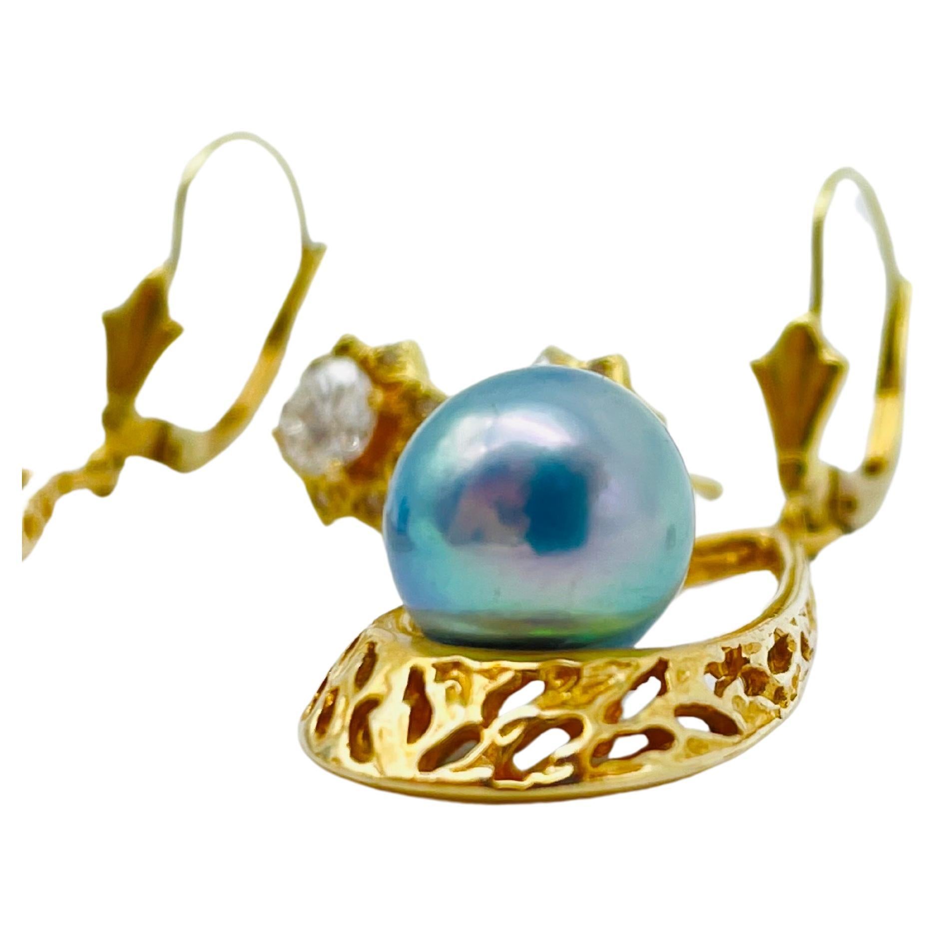 Orecchini con diamante e perla blu in oro 14k in vendita 8