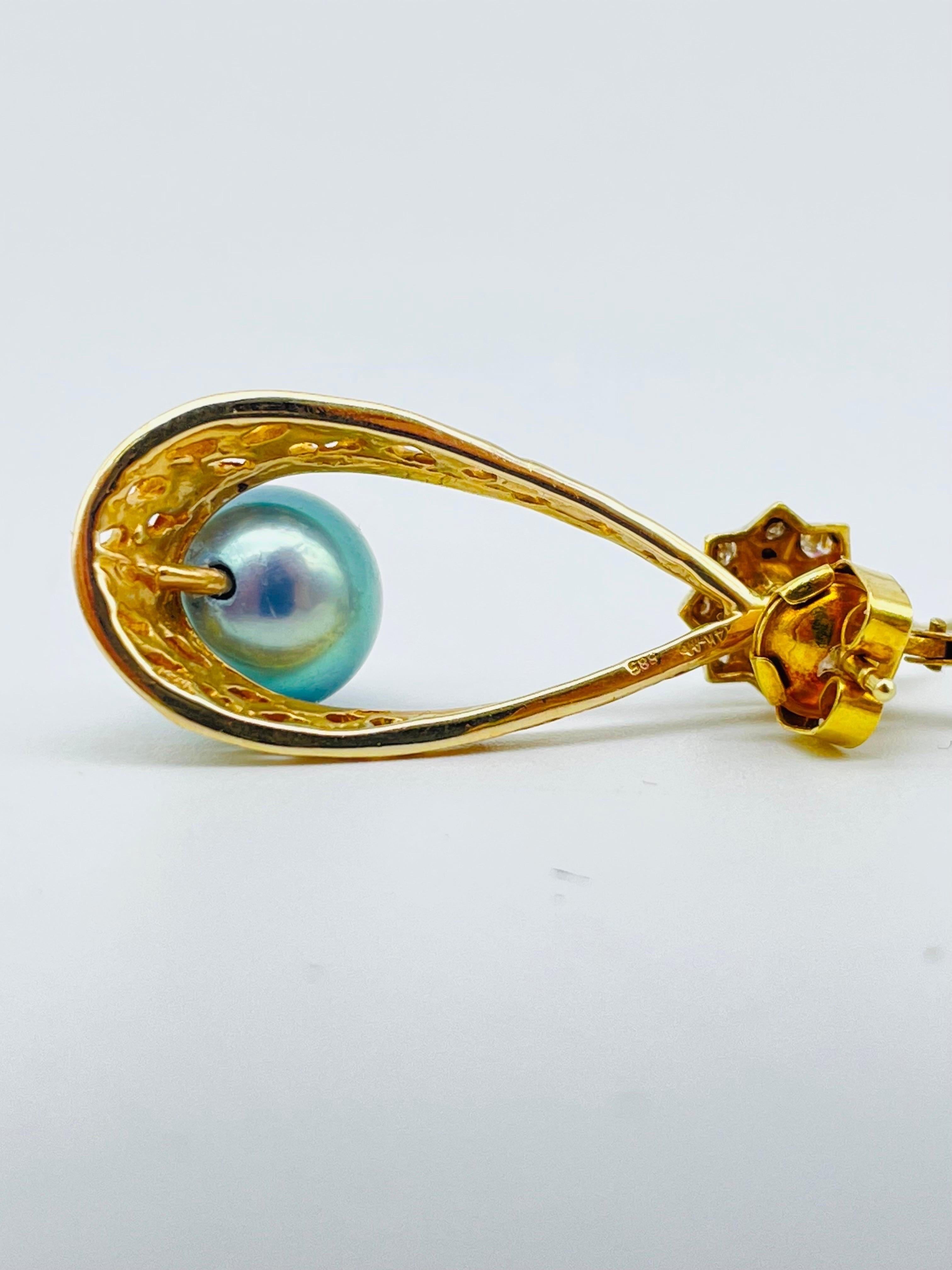 Orecchini con diamante e perla blu in oro 14k in vendita 10