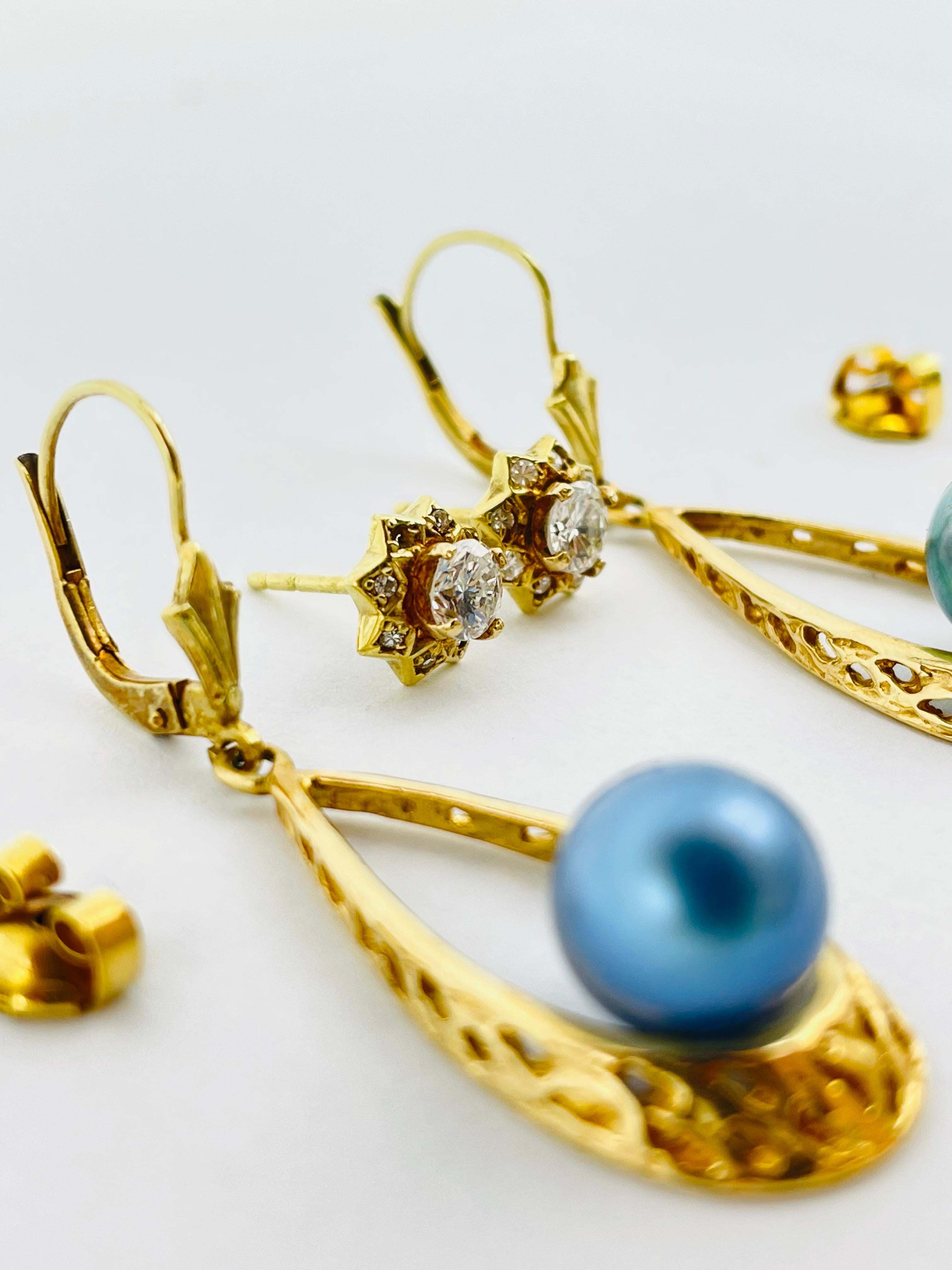 Orecchini con diamante e perla blu in oro 14k in vendita 12