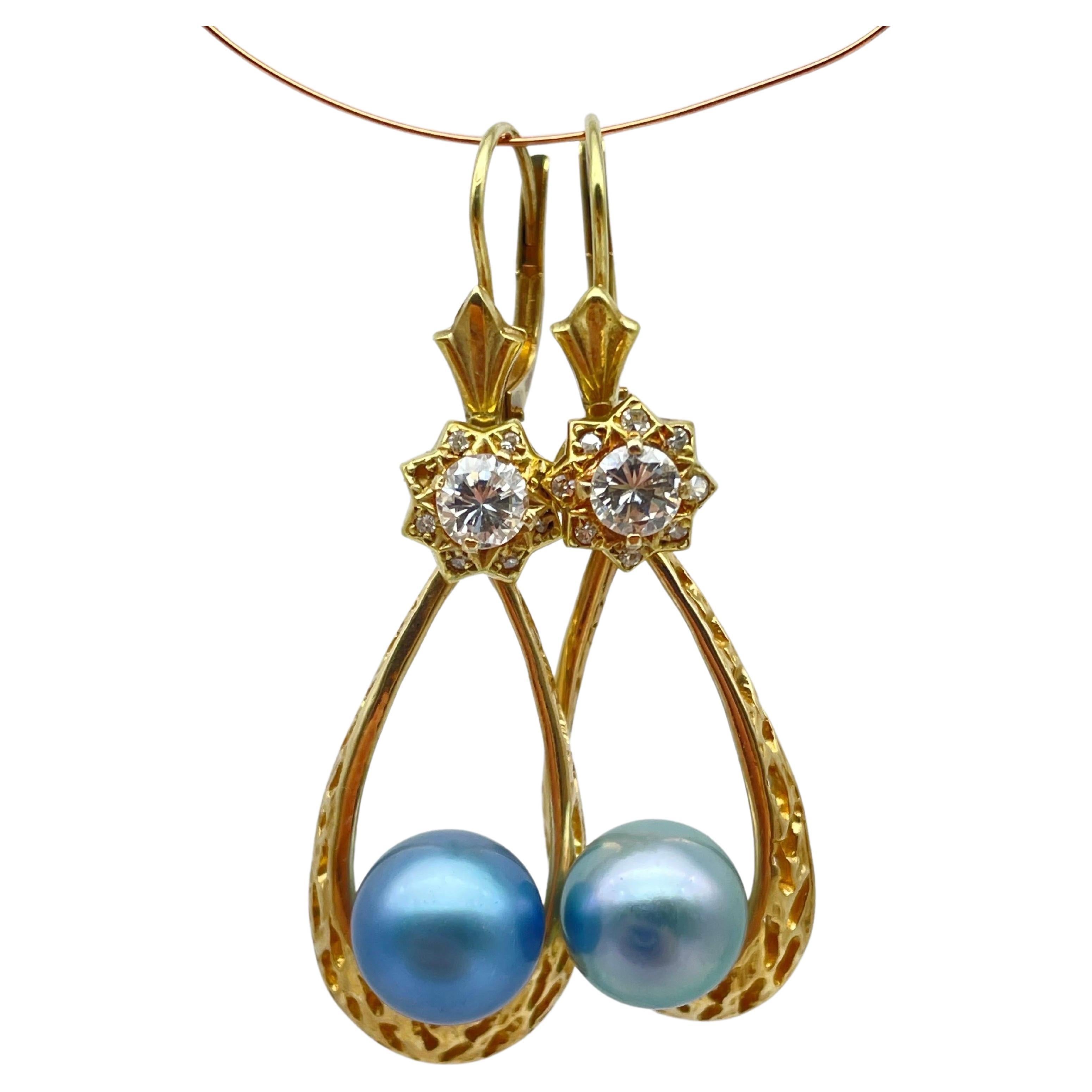 Taglio brillante Orecchini con diamante e perla blu in oro 14k in vendita