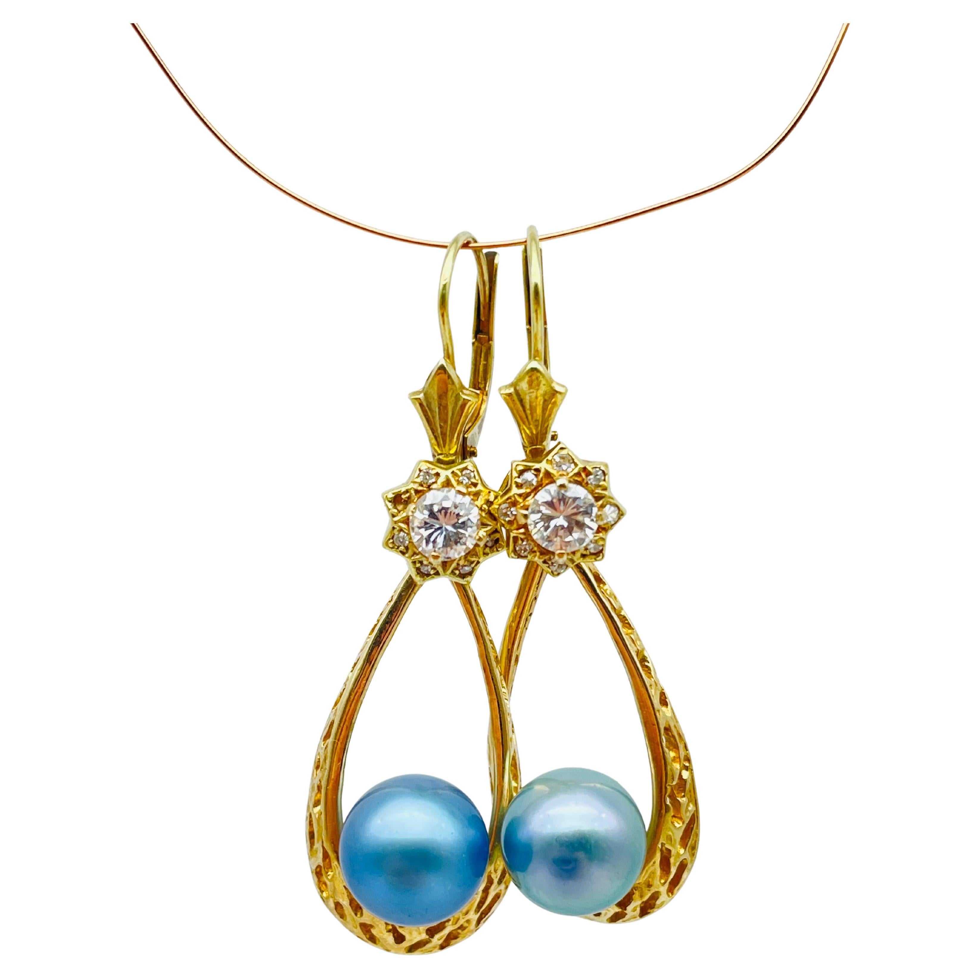 Orecchini con diamante e perla blu in oro 14k In condizioni buone in vendita a Berlin, BE