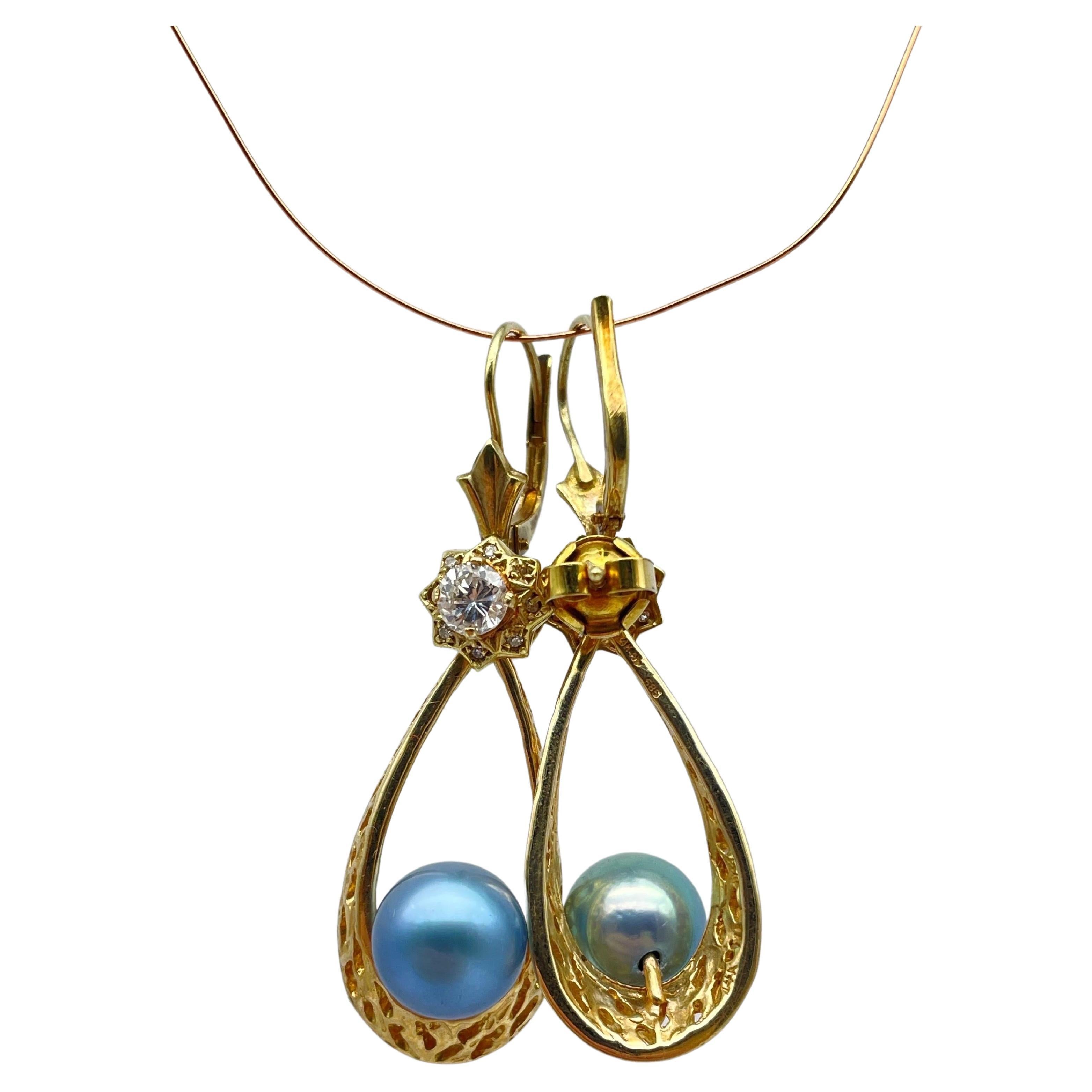 da uomo o donna Orecchini con diamante e perla blu in oro 14k in vendita