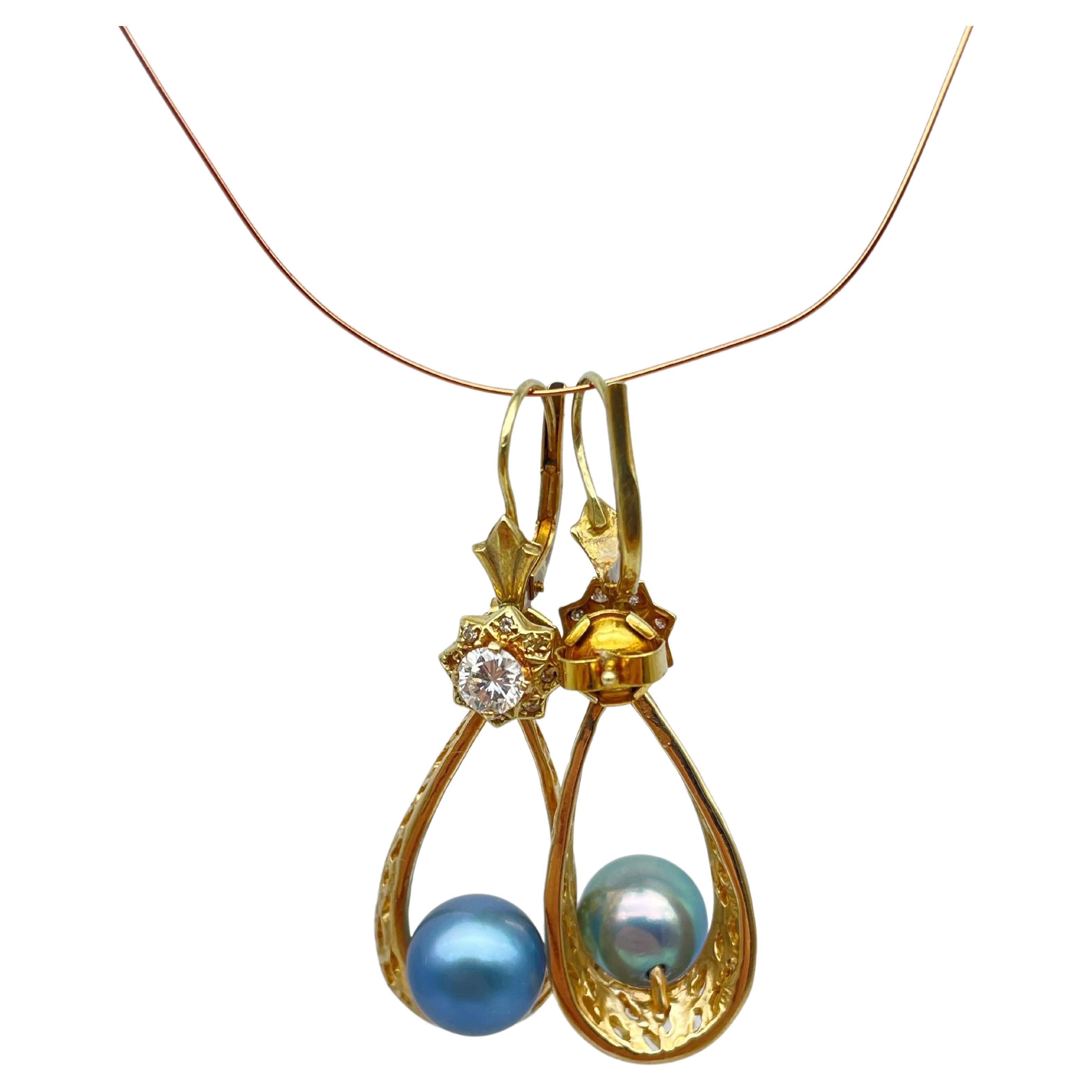 Orecchini con diamante e perla blu in oro 14k in vendita 1