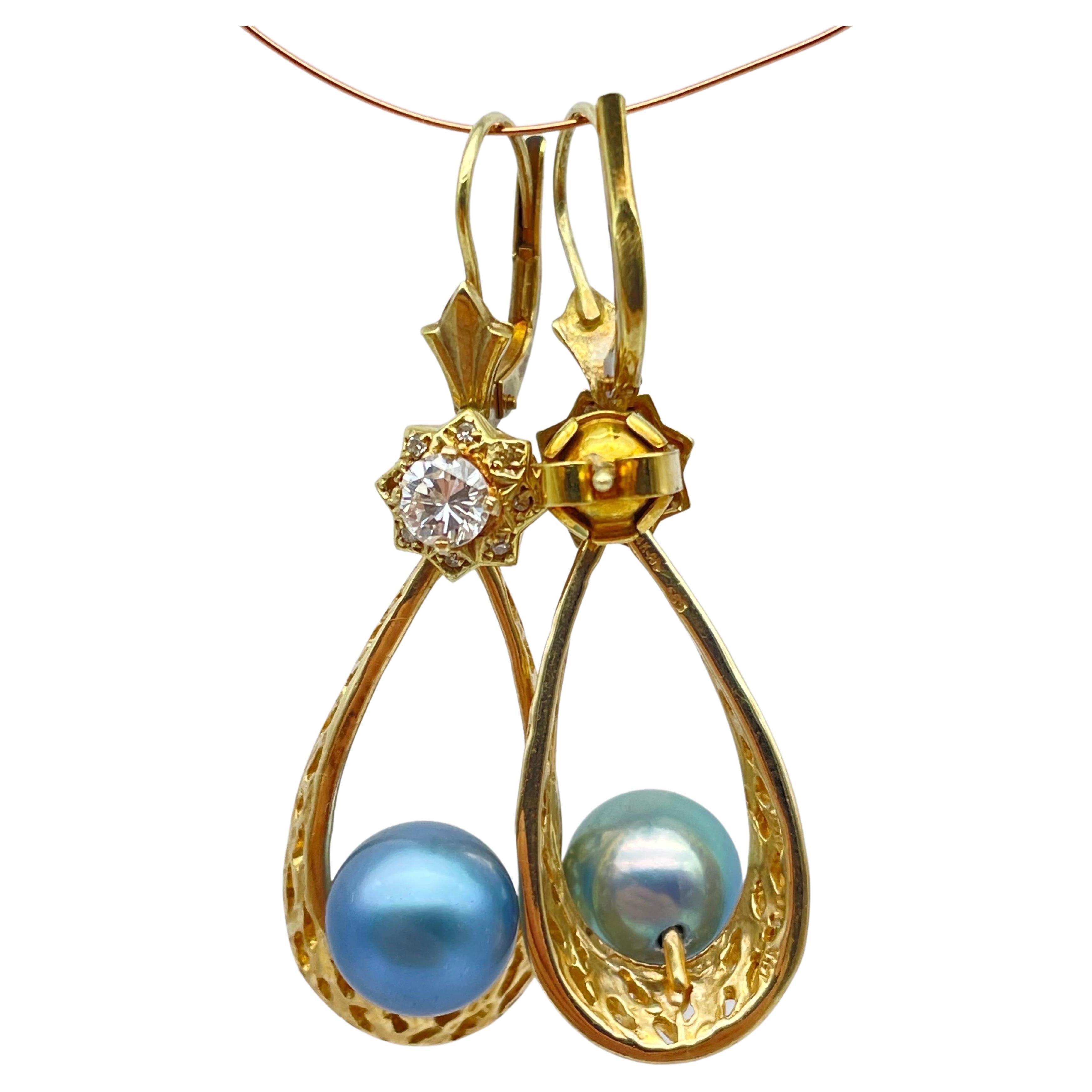 Orecchini con diamante e perla blu in oro 14k in vendita 2