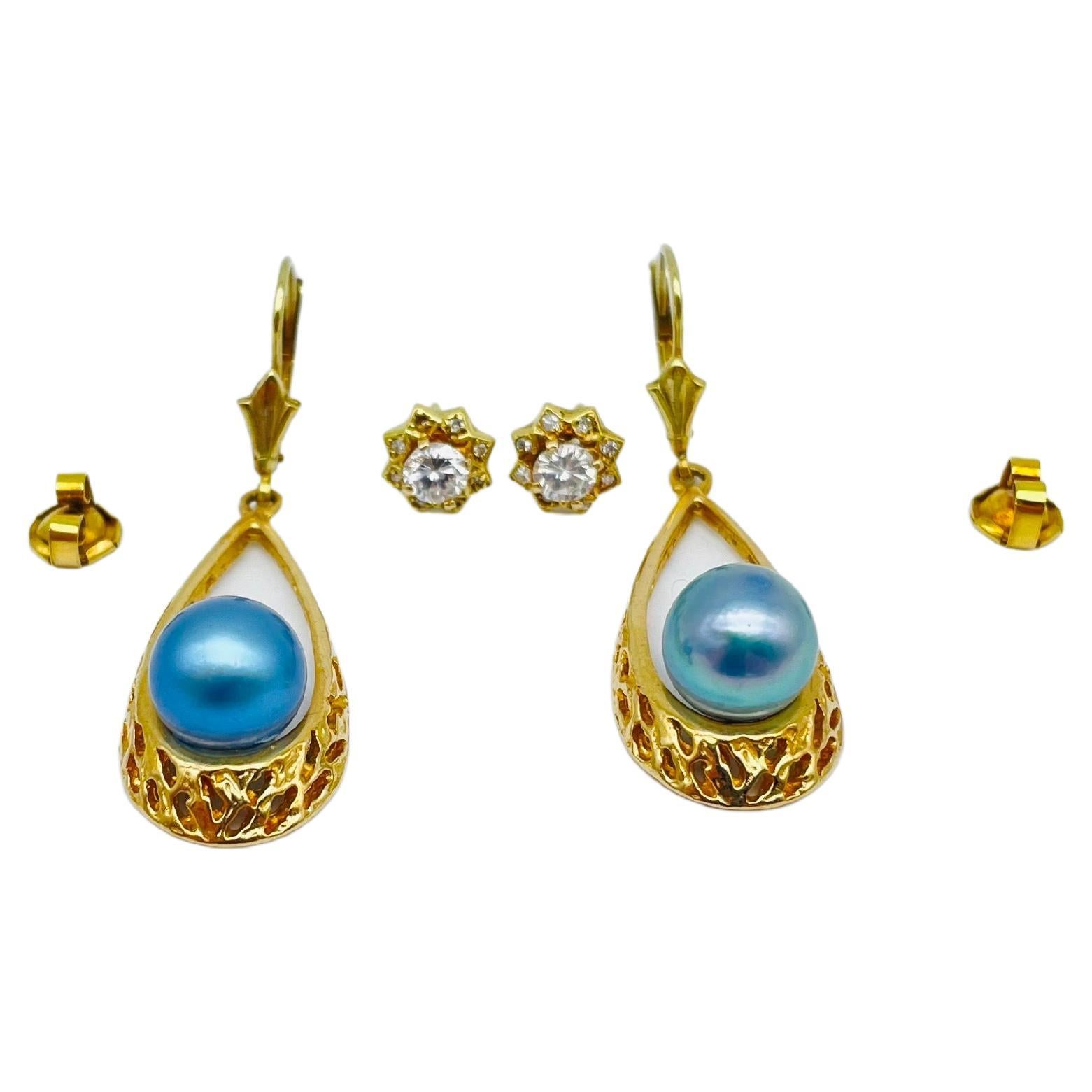 Orecchini con diamante e perla blu in oro 14k in vendita 3