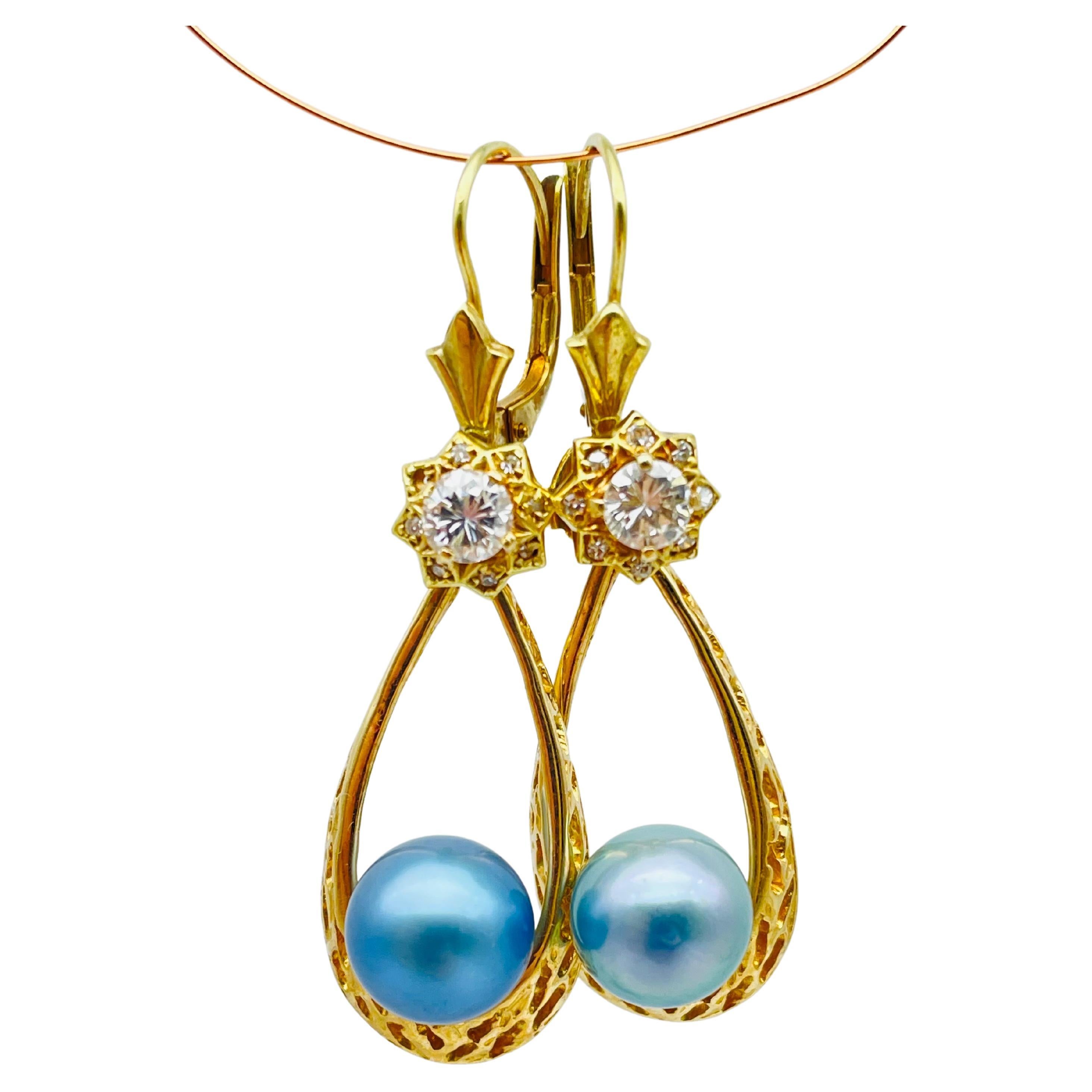 Diamant drop earrings with a blue pearl in 14k gold 