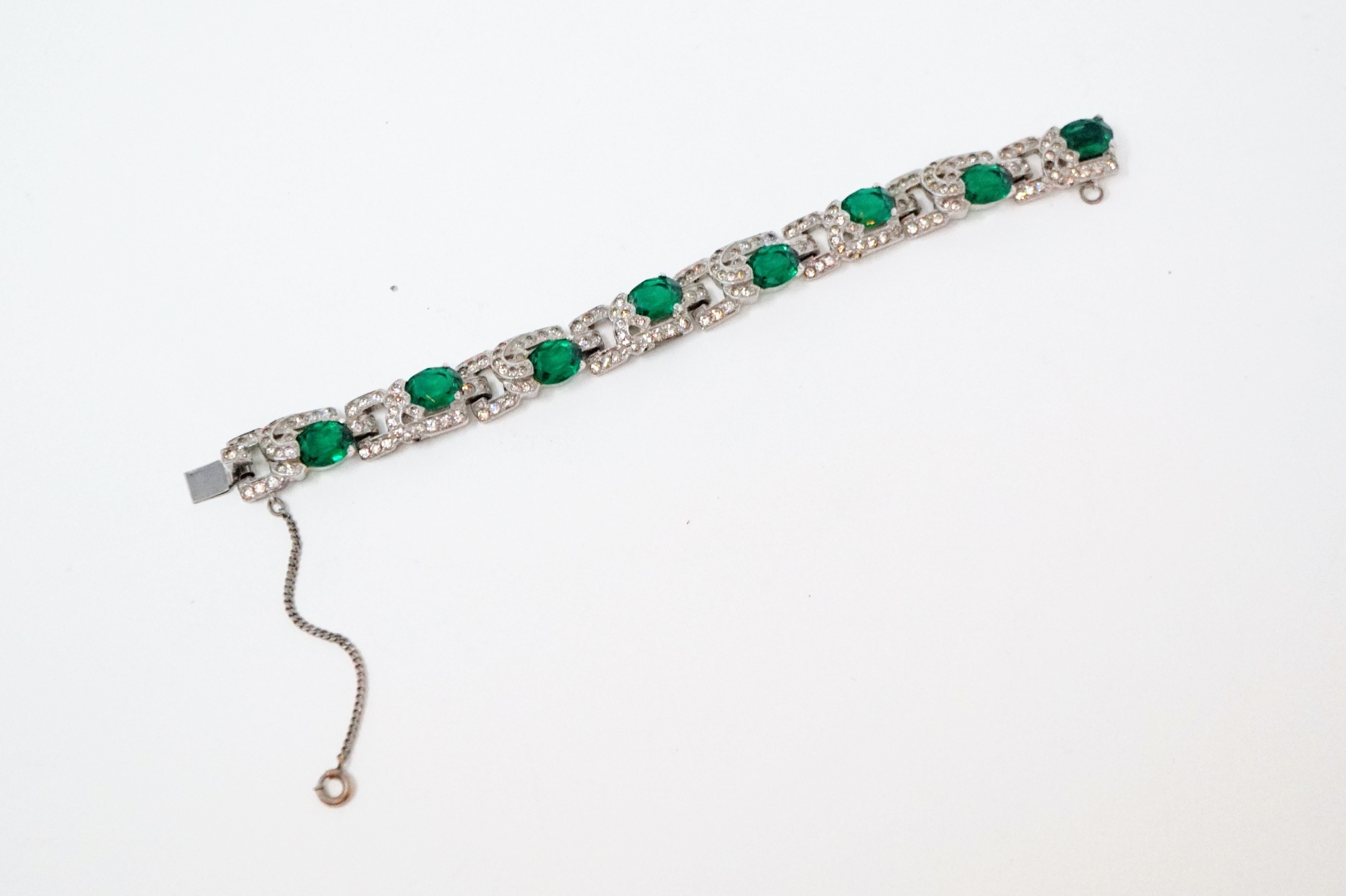 Diamanté and Emerald Crystal Art Deco Tennis Bracelet by Mazer Brothers, 1940s  6