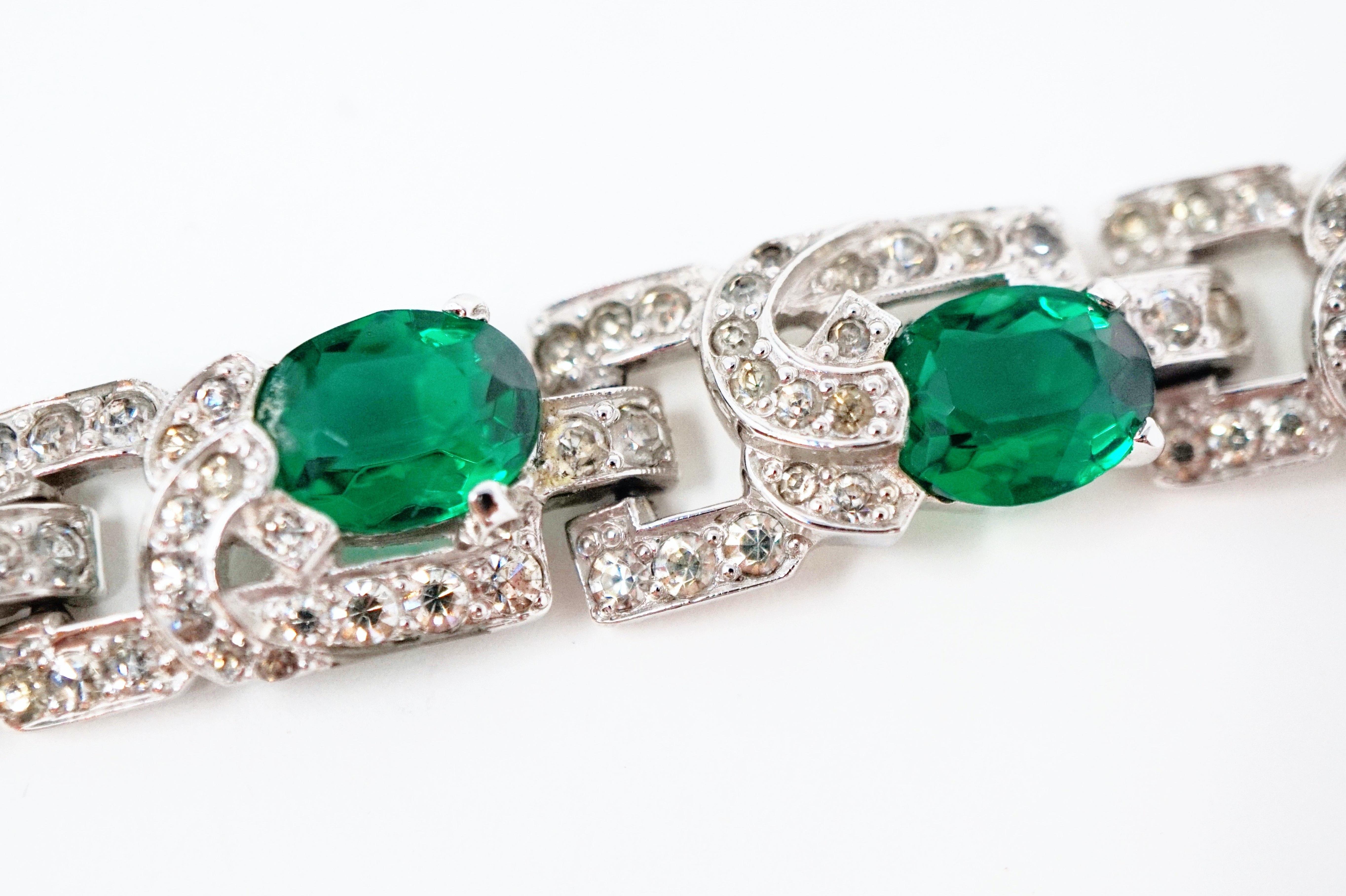 Diamanté and Emerald Crystal Art Deco Tennis Bracelet by Mazer Brothers, 1940s  7
