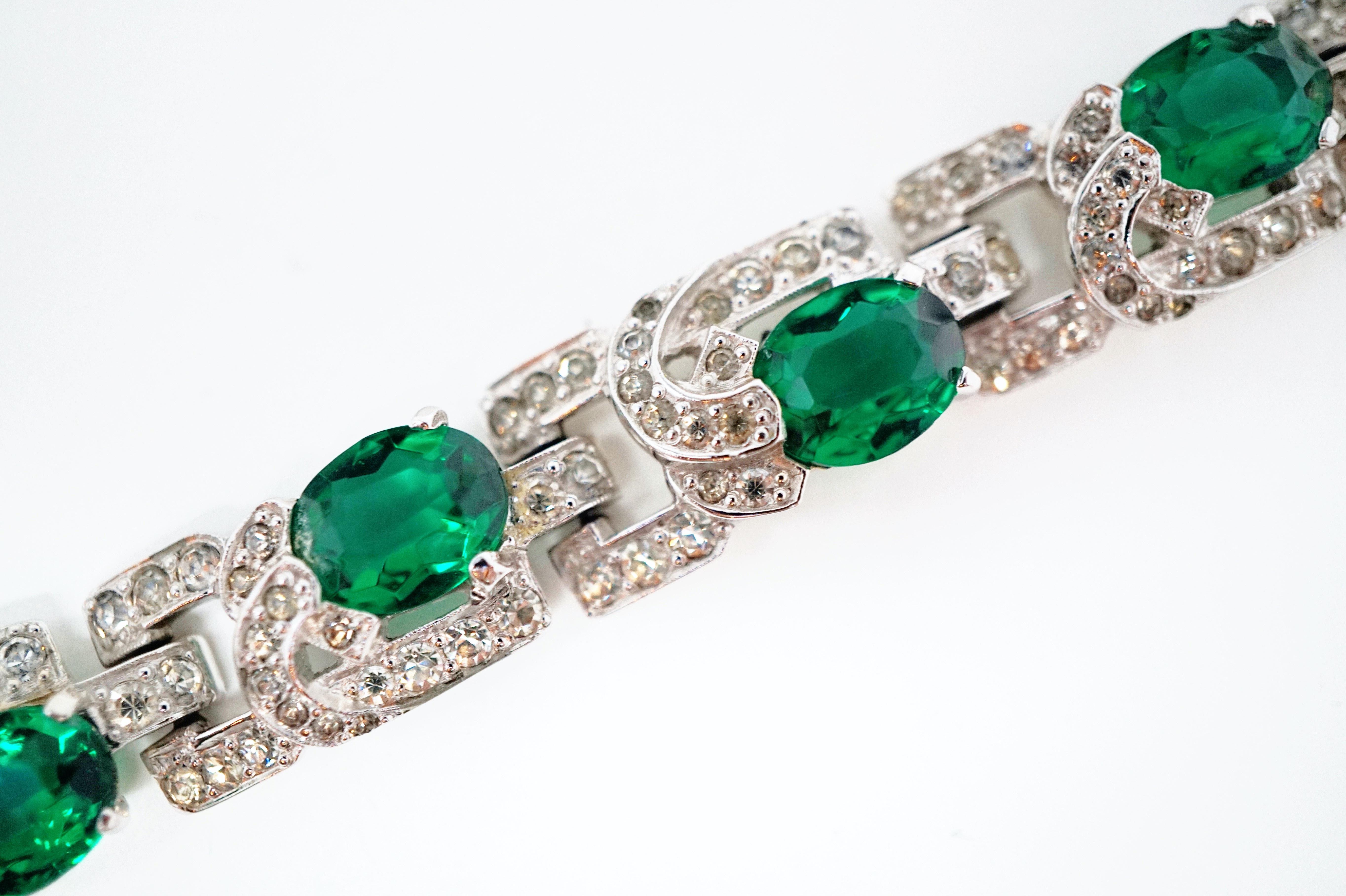 Diamanté and Emerald Crystal Art Deco Tennis Bracelet by Mazer Brothers, 1940s  8