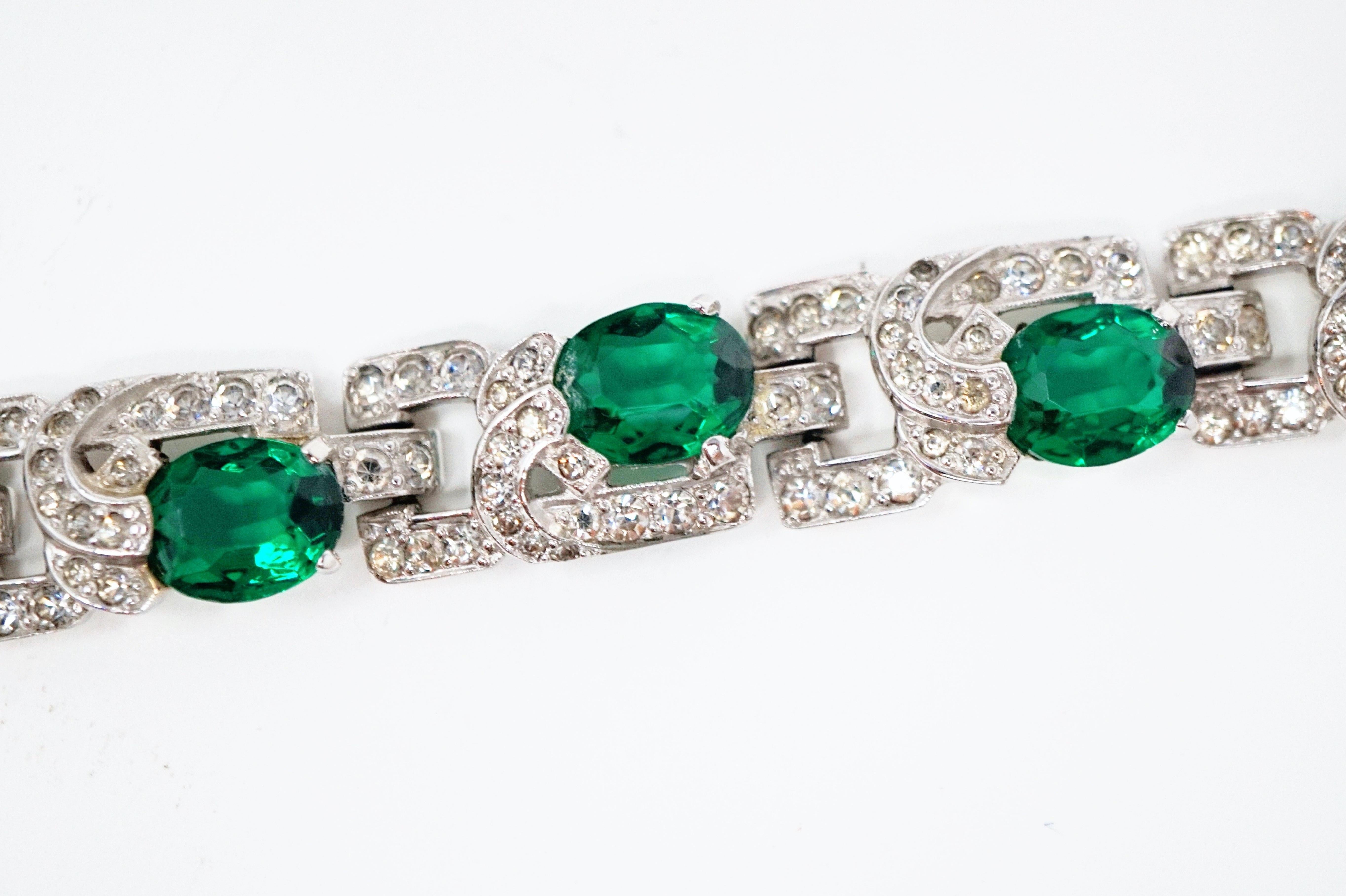 Diamanté and Emerald Crystal Art Deco Tennis Bracelet by Mazer Brothers, 1940s  9