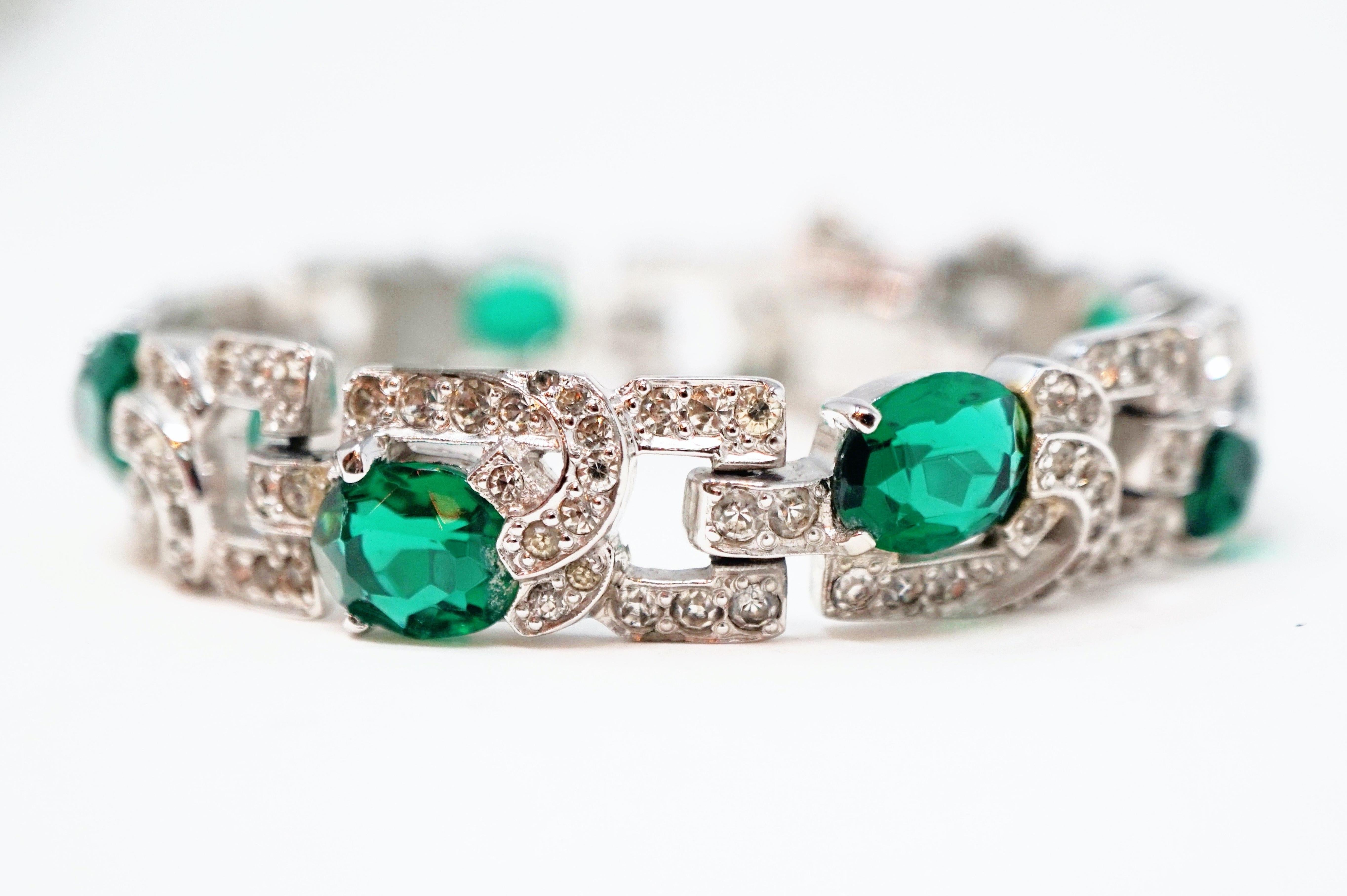 Diamanté and Emerald Crystal Art Deco Tennis Bracelet by Mazer Brothers, 1940s  In Good Condition In McKinney, TX