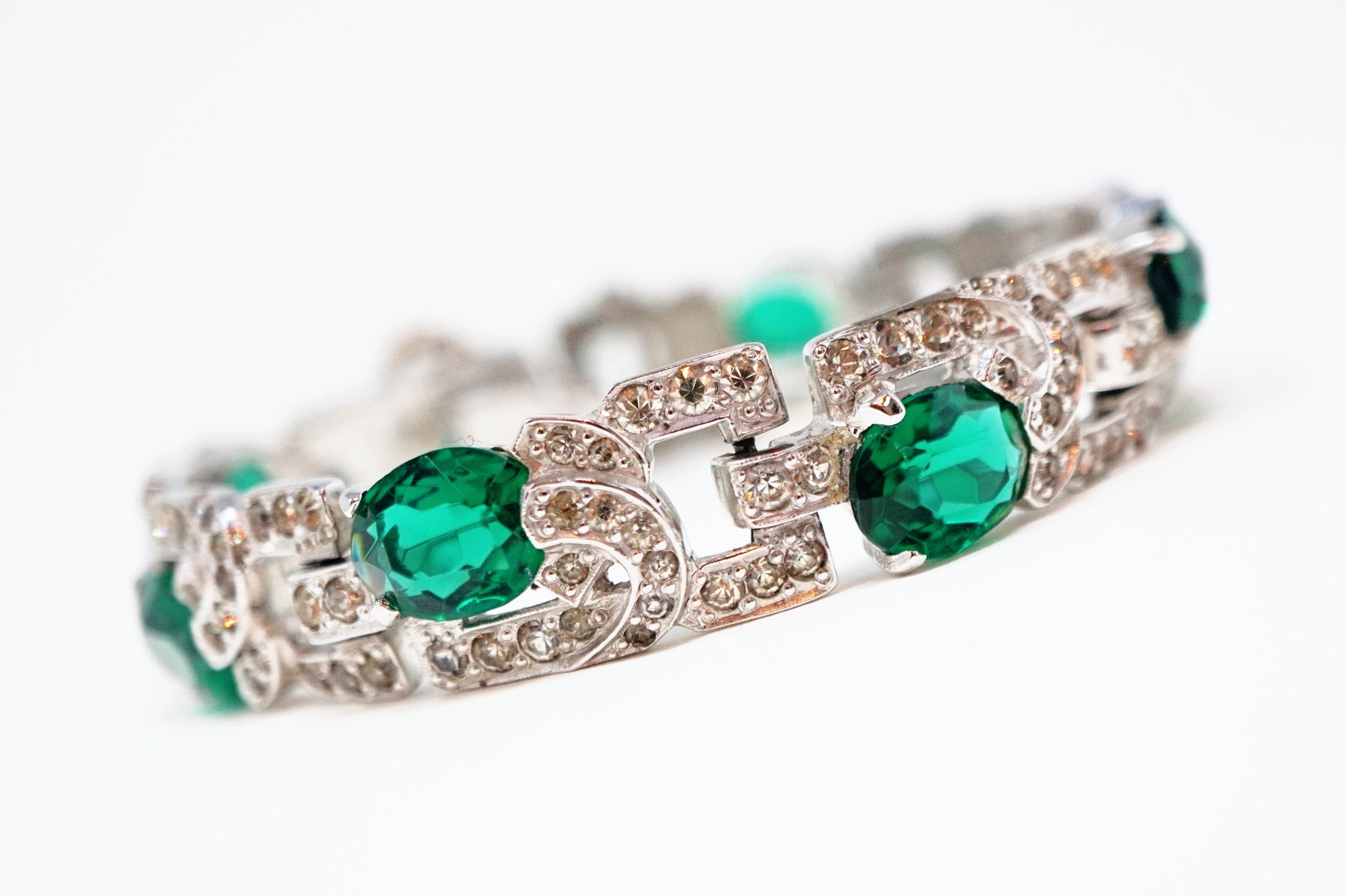 Women's Diamanté and Emerald Crystal Art Deco Tennis Bracelet by Mazer Brothers, 1940s 
