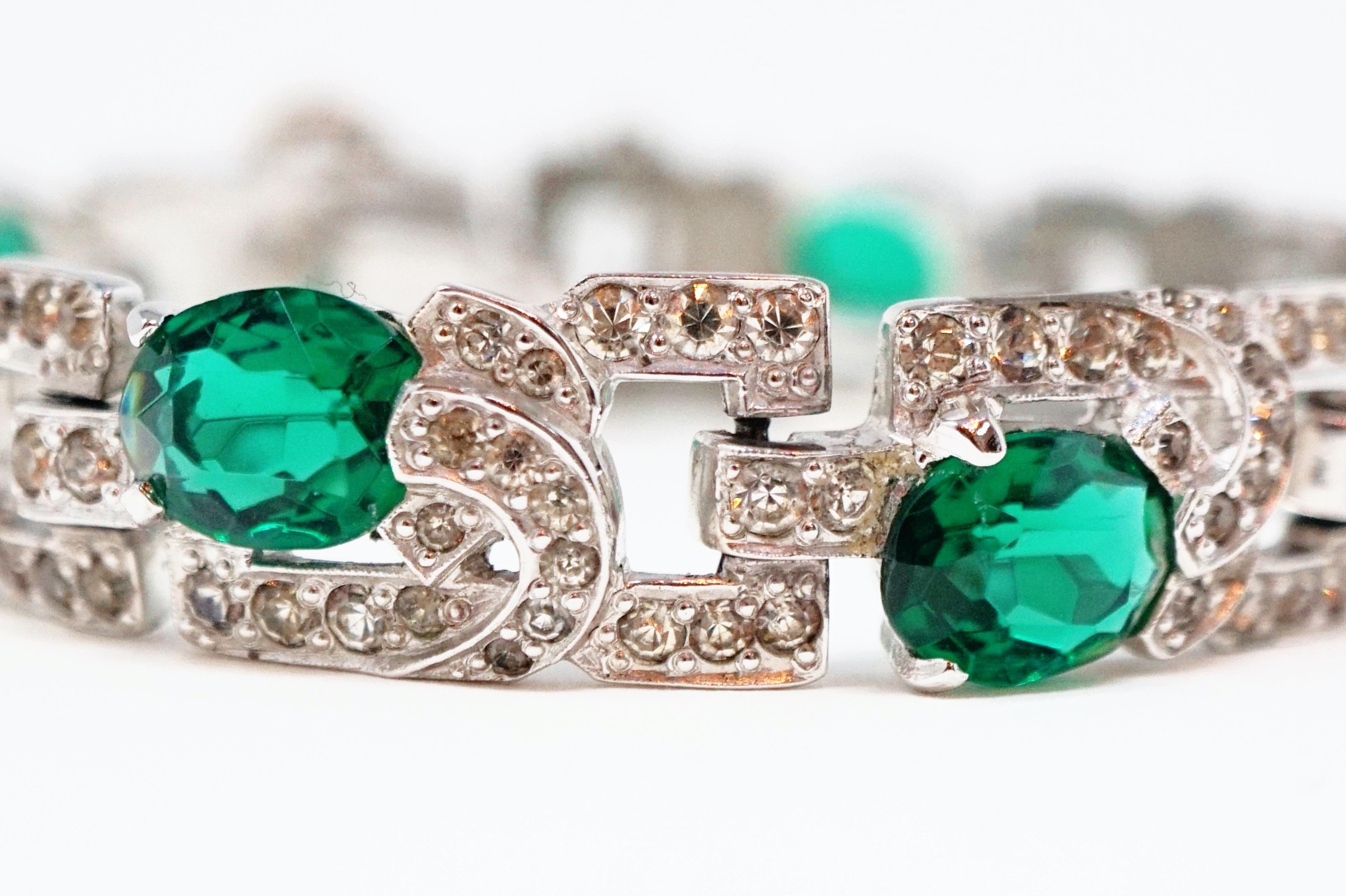 Diamanté and Emerald Crystal Art Deco Tennis Bracelet by Mazer Brothers, 1940s  1