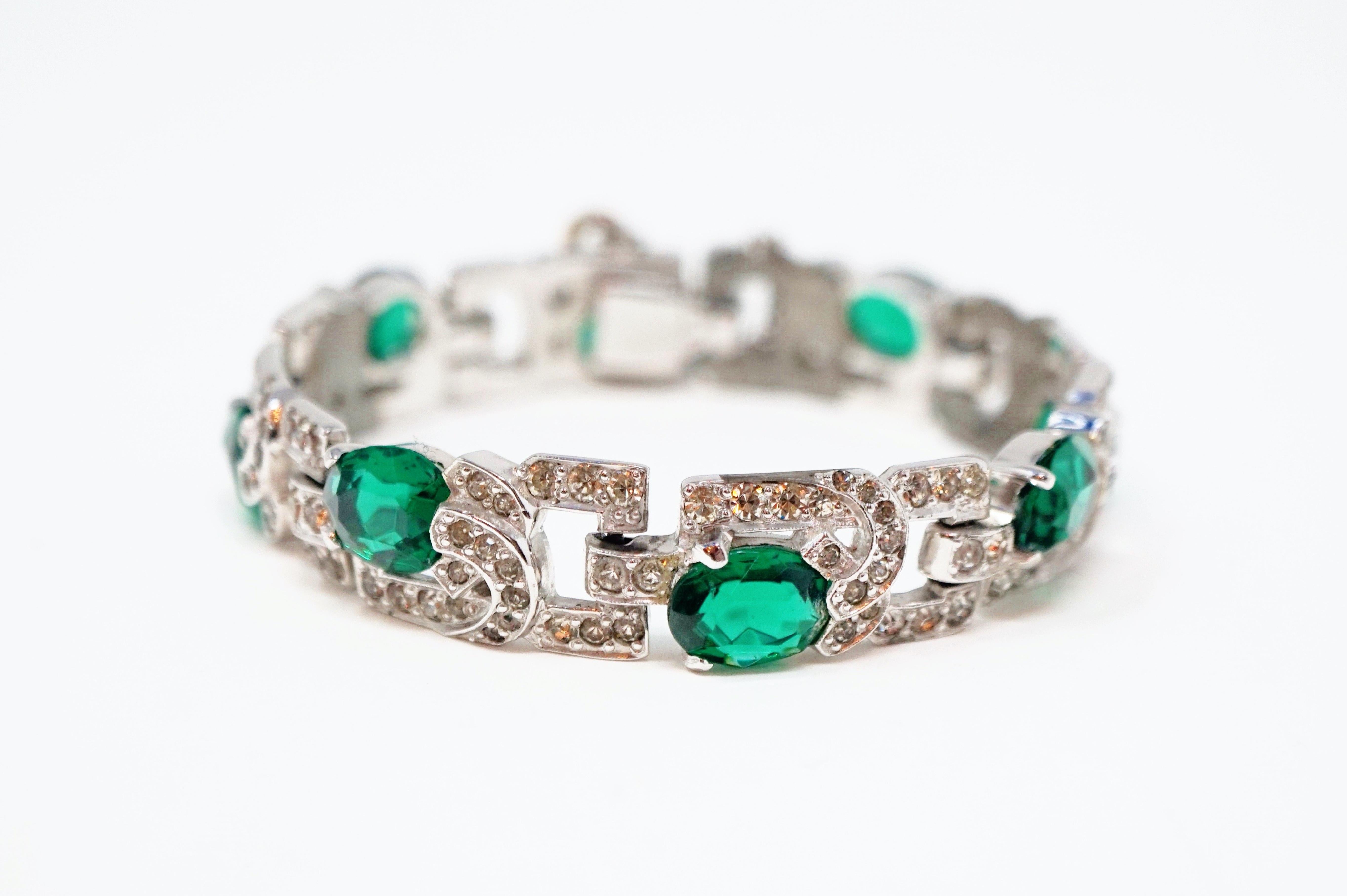 Diamanté and Emerald Crystal Art Deco Tennis Bracelet by Mazer Brothers, 1940s  2