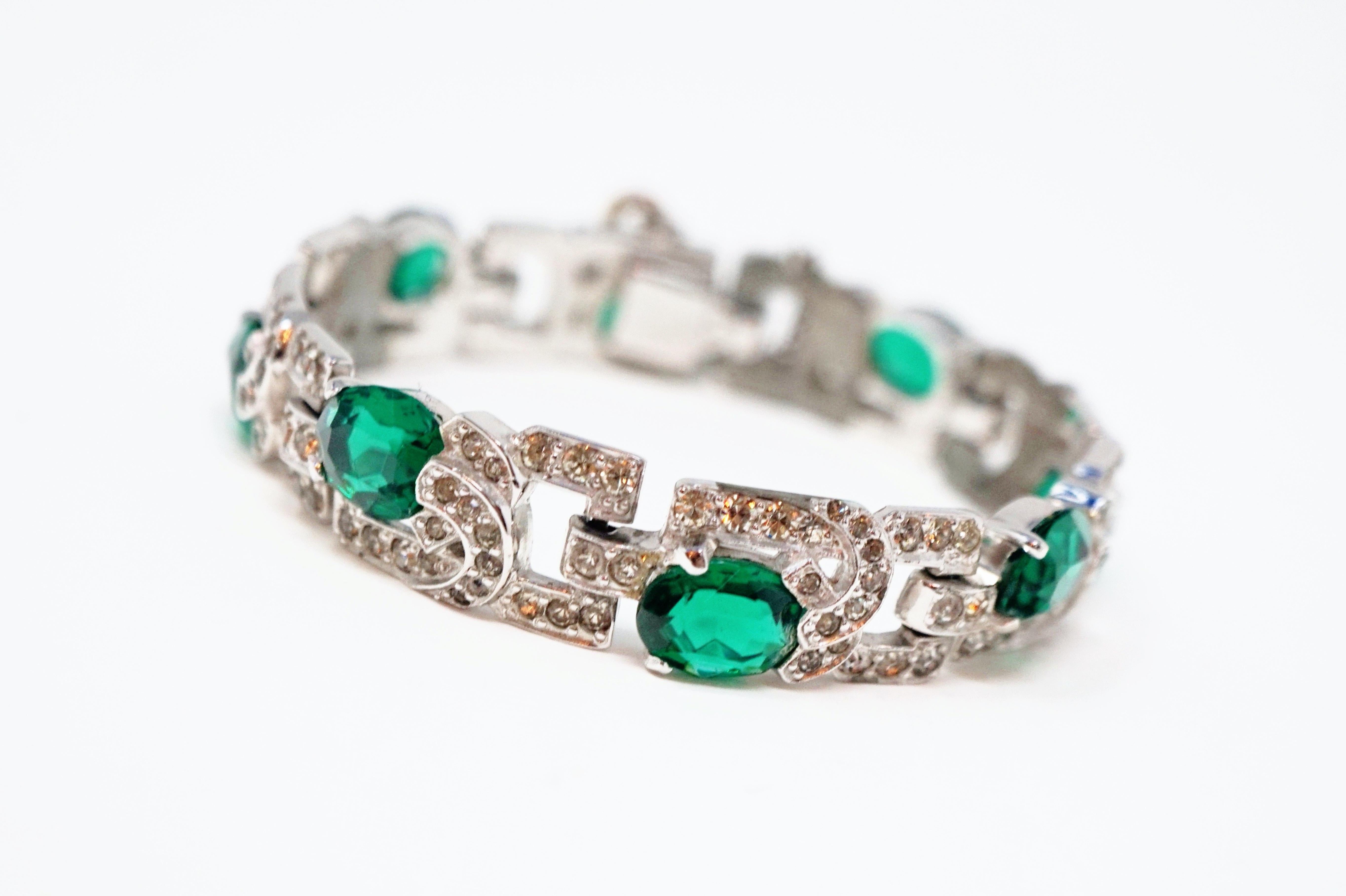 Diamanté and Emerald Crystal Art Deco Tennis Bracelet by Mazer Brothers, 1940s  3