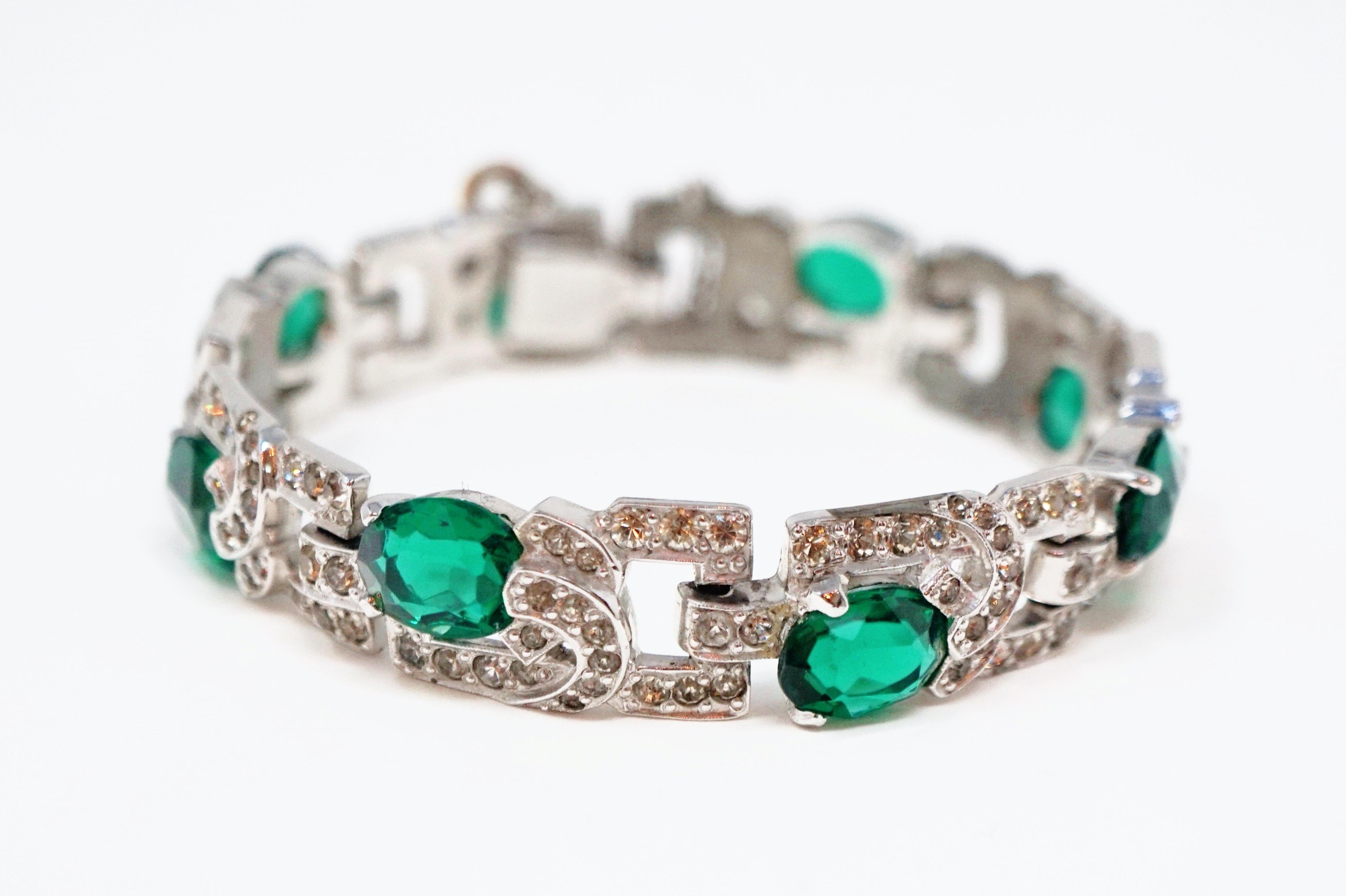 Diamanté and Emerald Crystal Art Deco Tennis Bracelet by Mazer Brothers, 1940s  4
