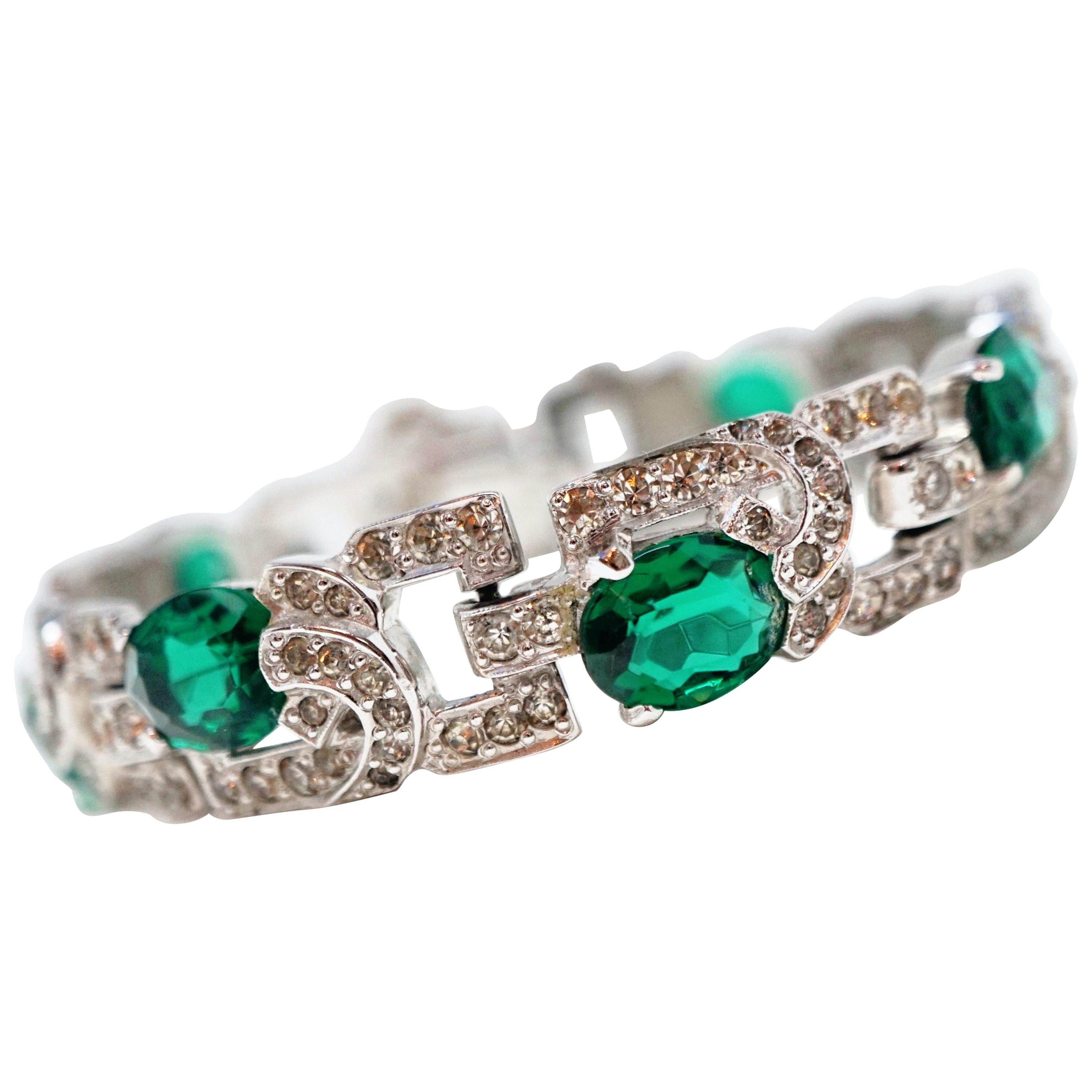 Diamanté and Emerald Crystal Art Deco Tennis Bracelet by Mazer Brothers, 1940s 