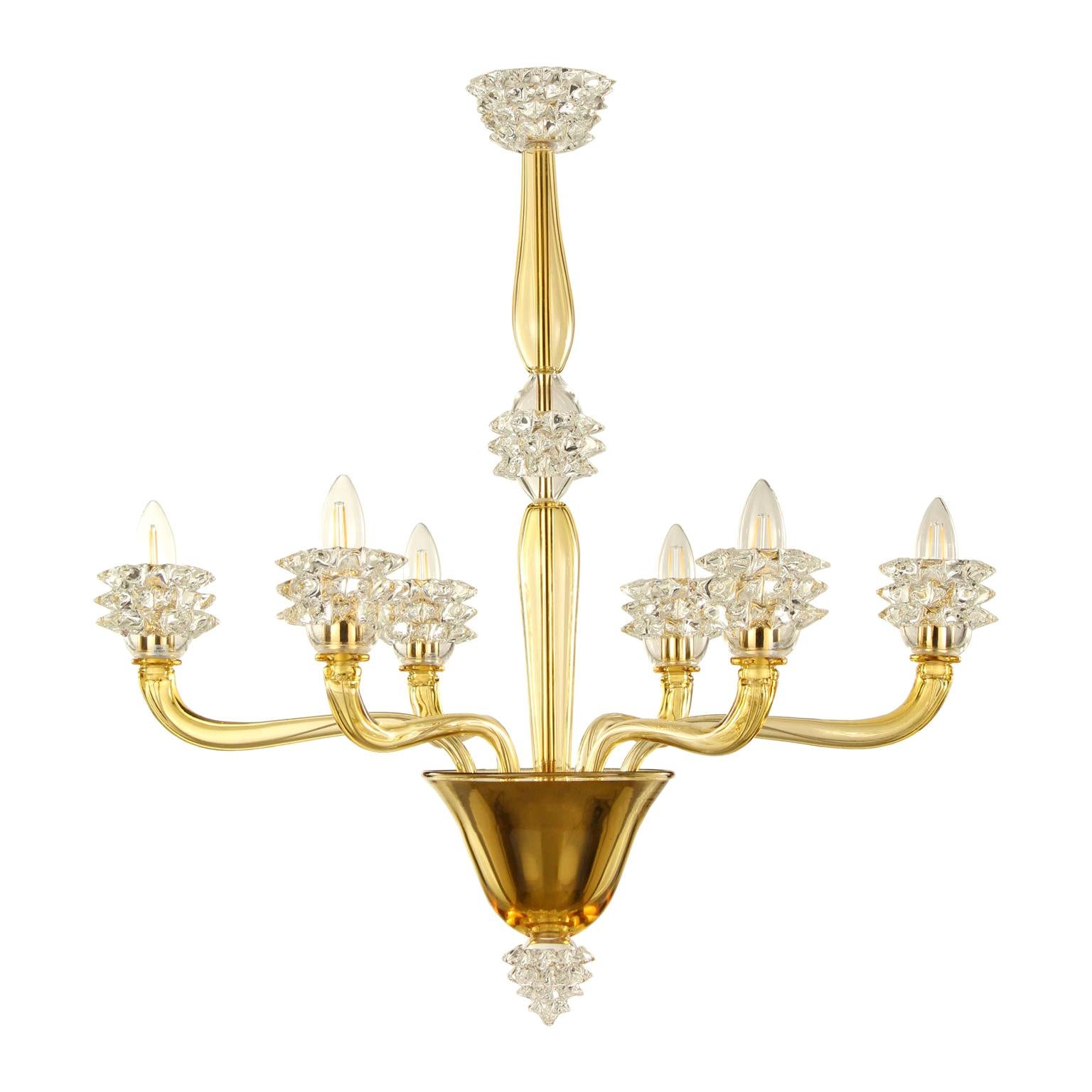 Italian Chandelier 6 arms amber and clear Rostri Murano Glass by Multiforme