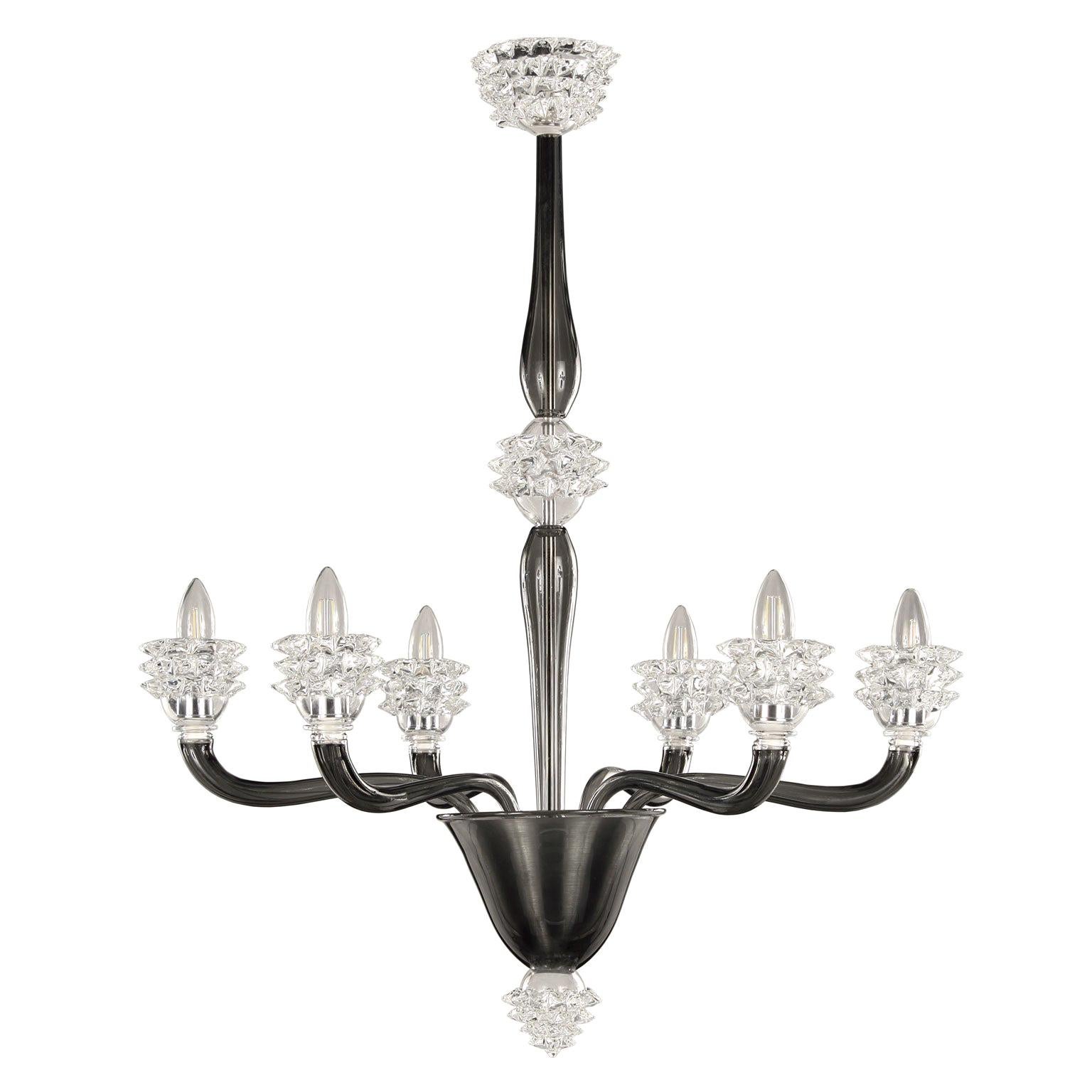 Italian Chandelier 6 arms Dark Grey and clear Rostri Murano Glass by Multiforme For Sale