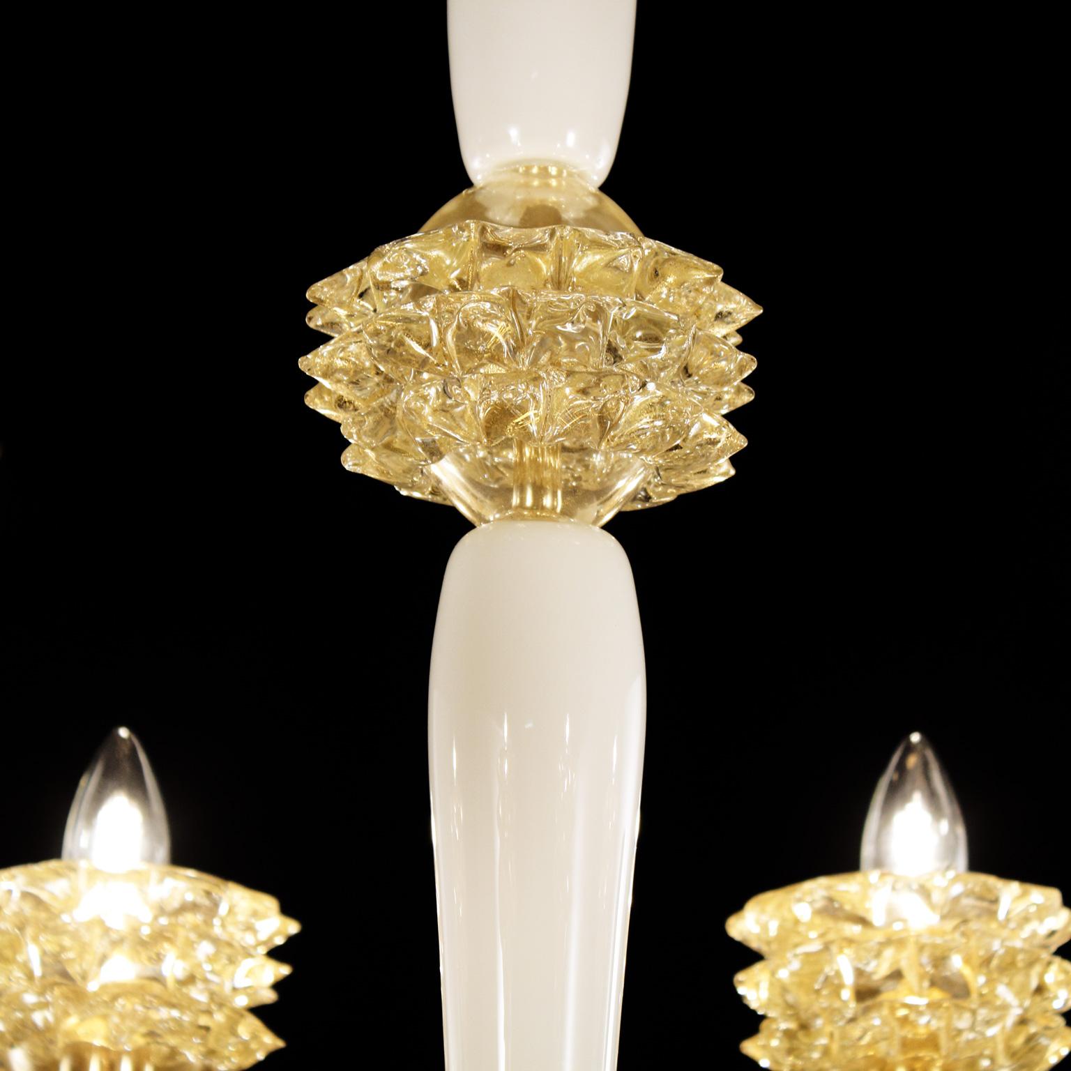 Other Chandelier 6 arms White Encased Murano Glass Gold Rostri details by Multiforme For Sale