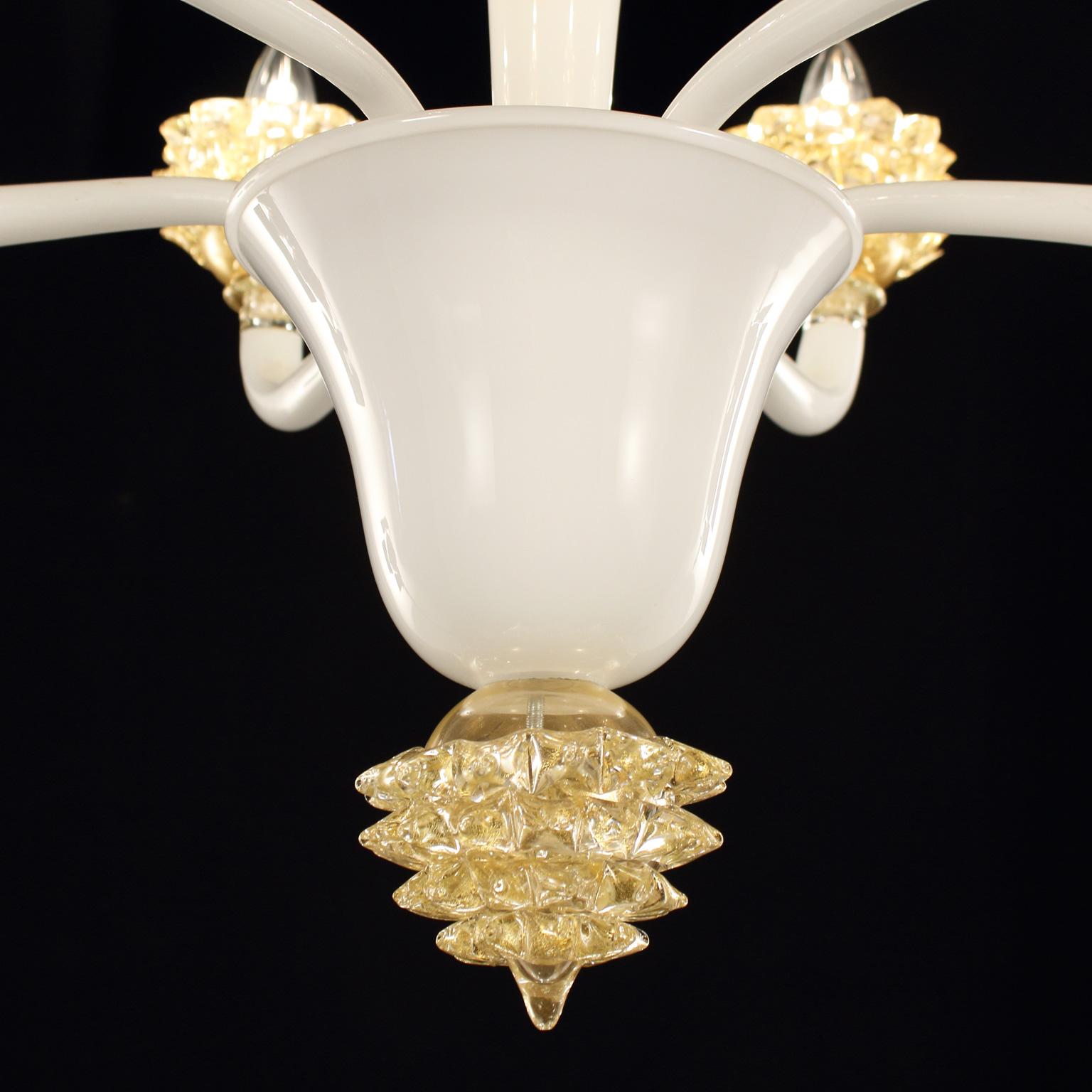 Italian Chandelier 6 arms White Encased Murano Glass Gold Rostri details by Multiforme For Sale