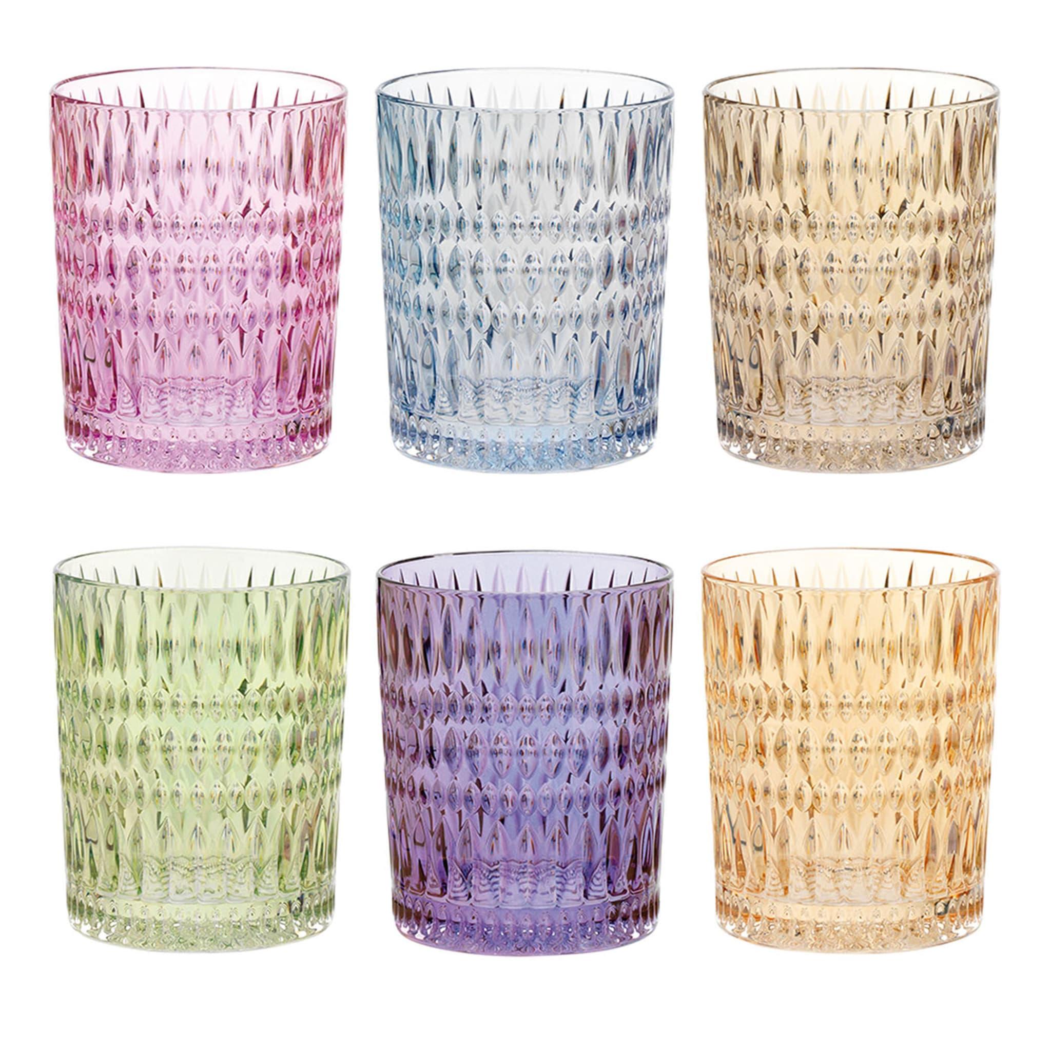 Precious and colorful, this set counts six water glasses whose minimalist shape gets counterbalanced by an eccentric mix of minute etchings and hues. Each glass flaunts a different hue - pink, azure, purple, beige, yellow, and green, respectively -