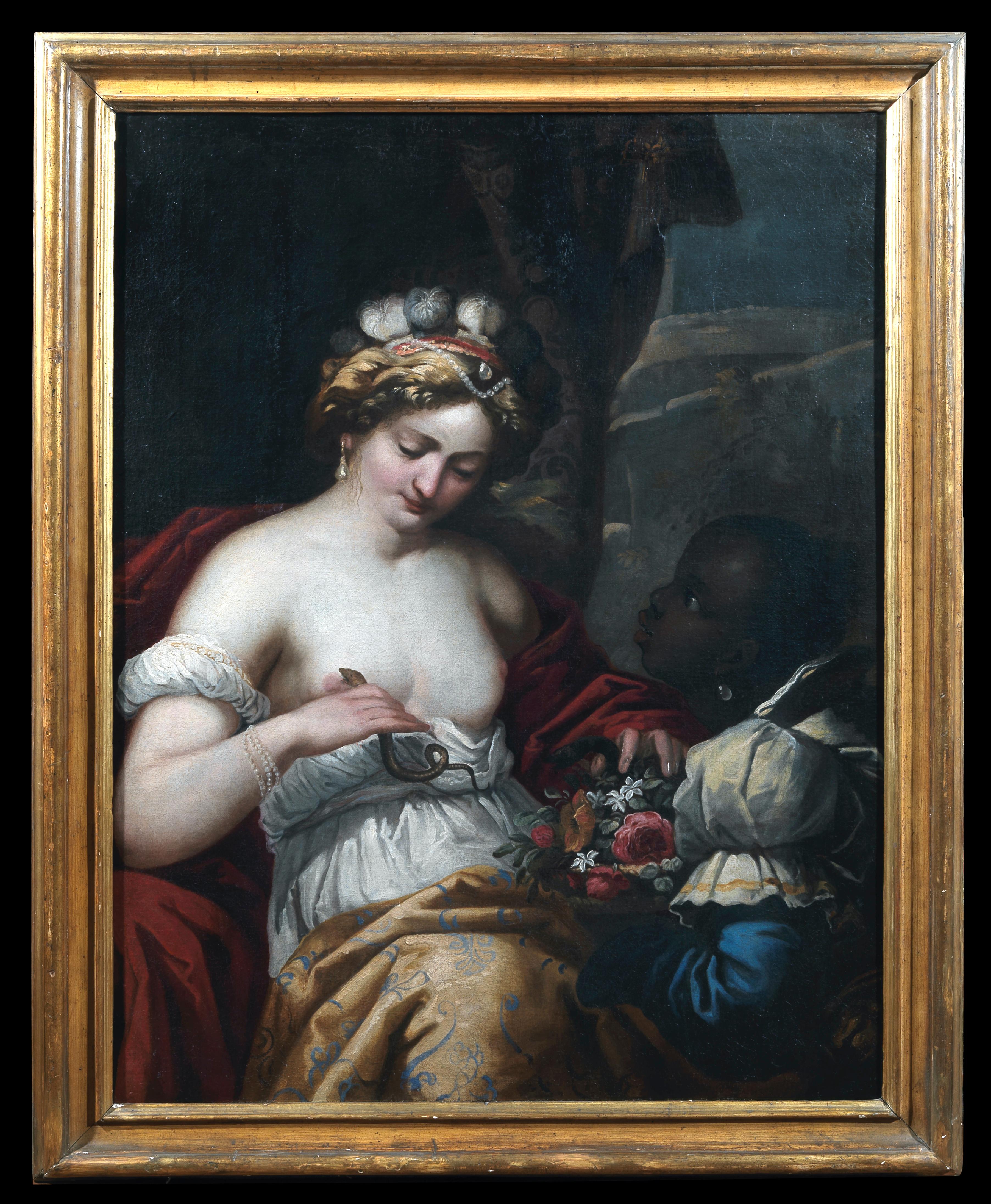 Amazing painting of Cleopatra  oil on canvas with a gilt wood frame. 
Attributed to Giuseppe Diamantini (Fossombrone 1621-Venice 1705)
The dramatic subject of the painting depicts the final moments in the life of the Egyptian Queen, Cleopatra, as