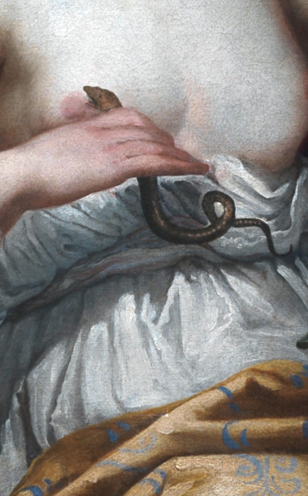 Incredibile dipinto di Cleopatra  olio su tela con cornice in legno dorato. 
Attribuito a Giuseppe Diamantini (Fossombrone 1621-Venezia 1705)
Il soggetto drammatico del dipinto raffigura gli ultimi momenti della vita della regina egiziana Cleopatra,