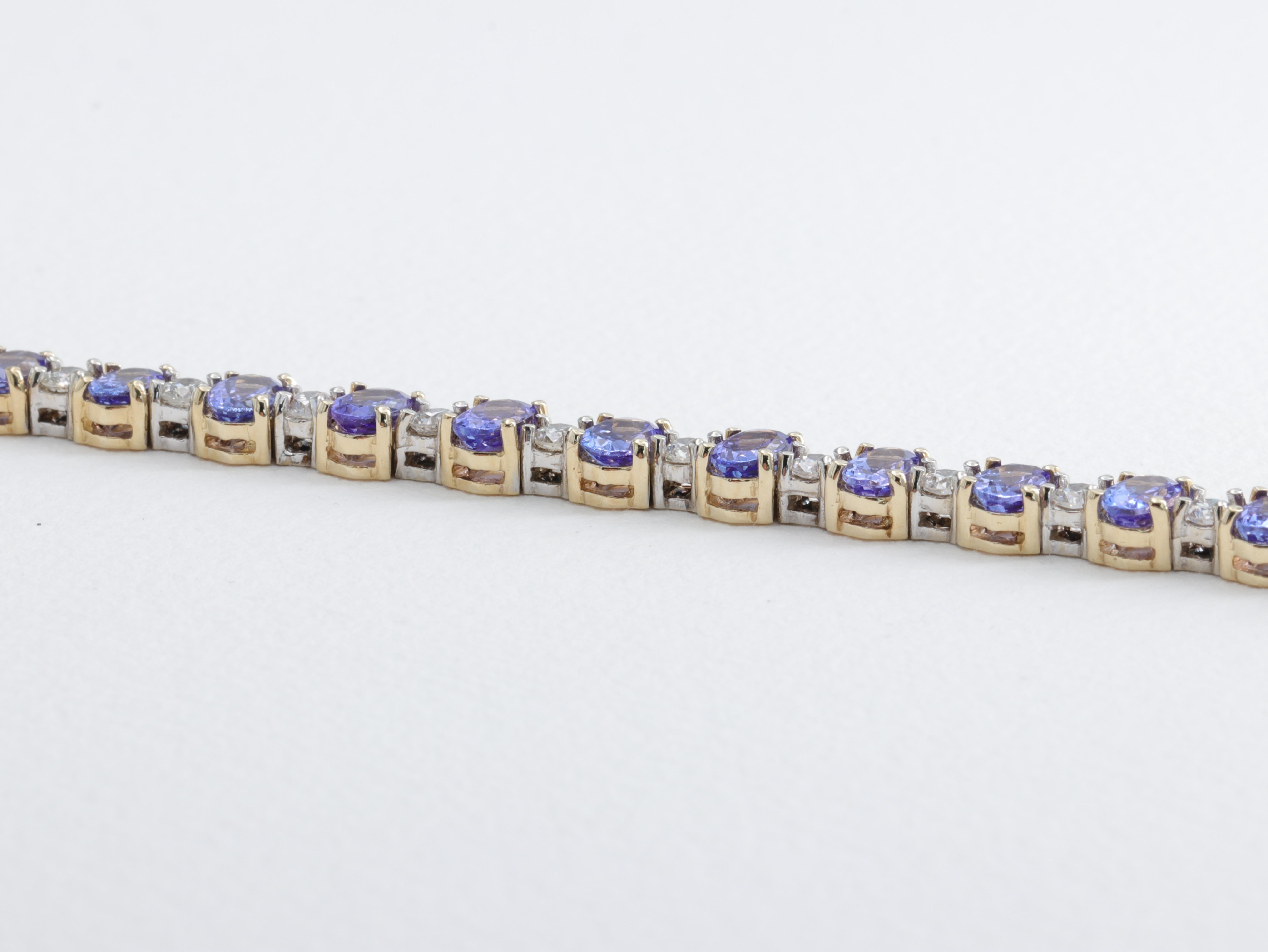Women's or Men's Tanzanite & Diamond Tennis Bracelet in Two Tone Yellow and White Gold  For Sale