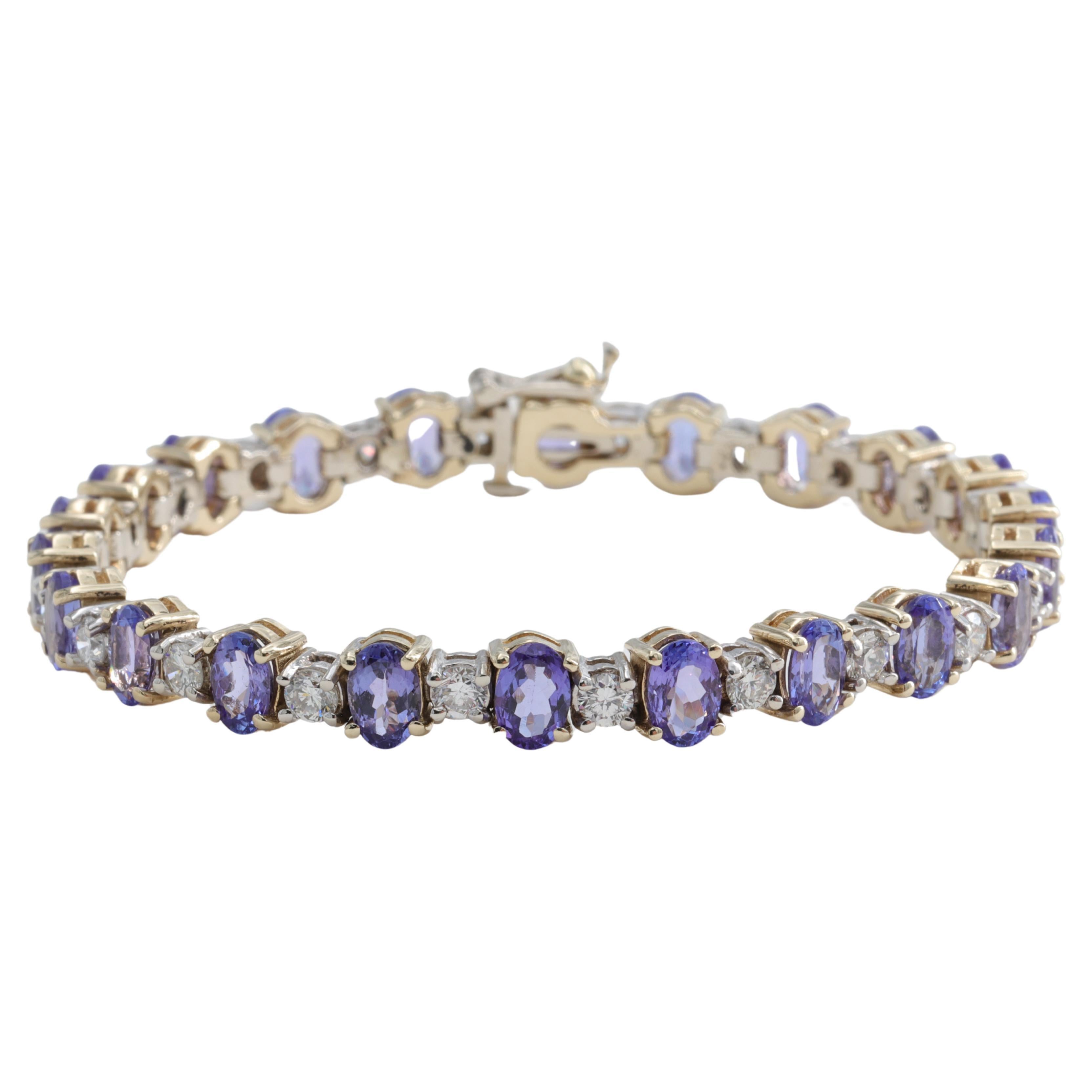 Tanzanite & Diamond Tennis Bracelet in Two Tone Yellow and White Gold  For Sale