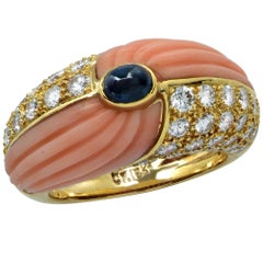 Diamond and Coral Dome 18 Karat Yellow Gold Ring
