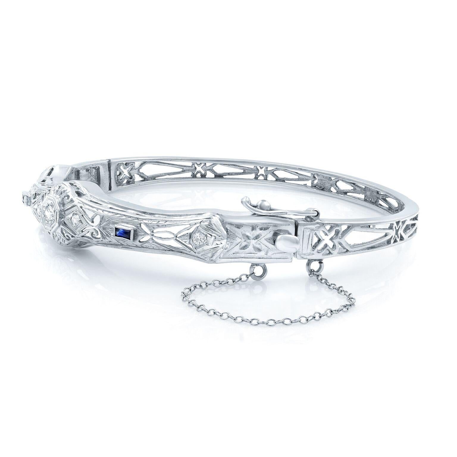 Modern Diamond 0.15ctw & Blue Sapphire 0.05ctw Filigree Ladies Bracelet 14K White Gold For Sale