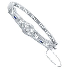 Diamond 0.15ctw & Blue Sapphire 0.05ctw Filigree Ladies Bracelet 14K White Gold