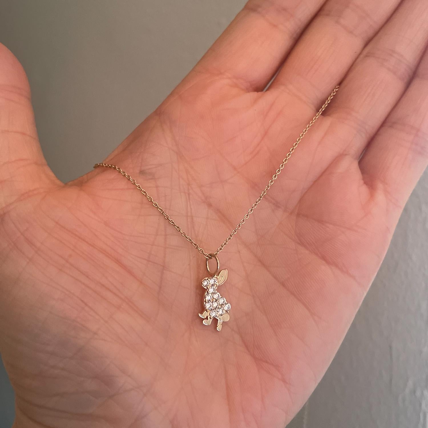 The Diamond Trickster bunny pendant is perfect to wear with a collared shirt or your favorite leisure outfit. This sweet pendant is a larger size than our Trickster bunny stud earrings. It is from the Trickster Bunny Collection inspired by Alice in